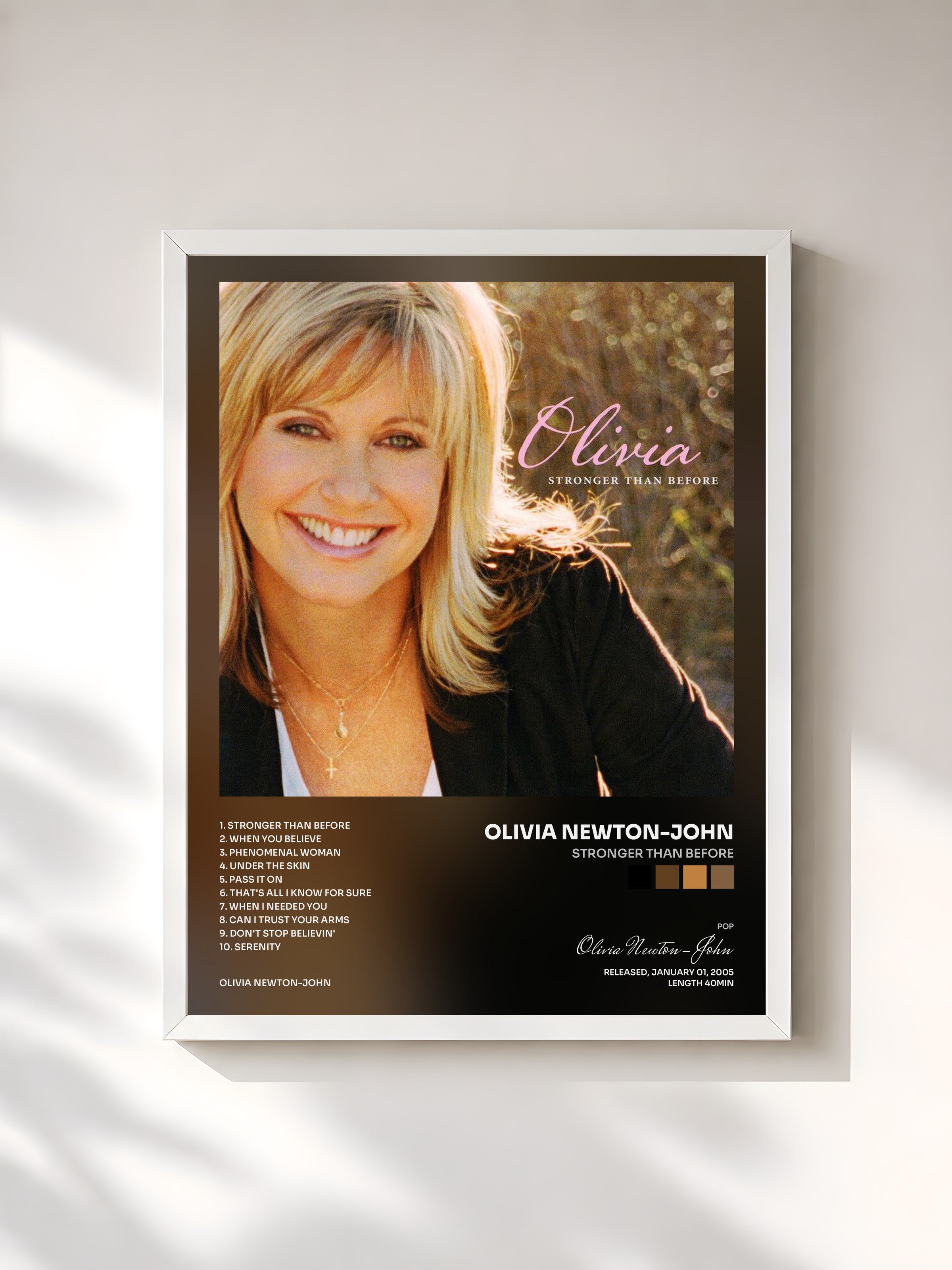 #blanc Tableau de l'album Stronger Than Before de Olivia Newton-John, cadre blanc, imprimé et encadré en France