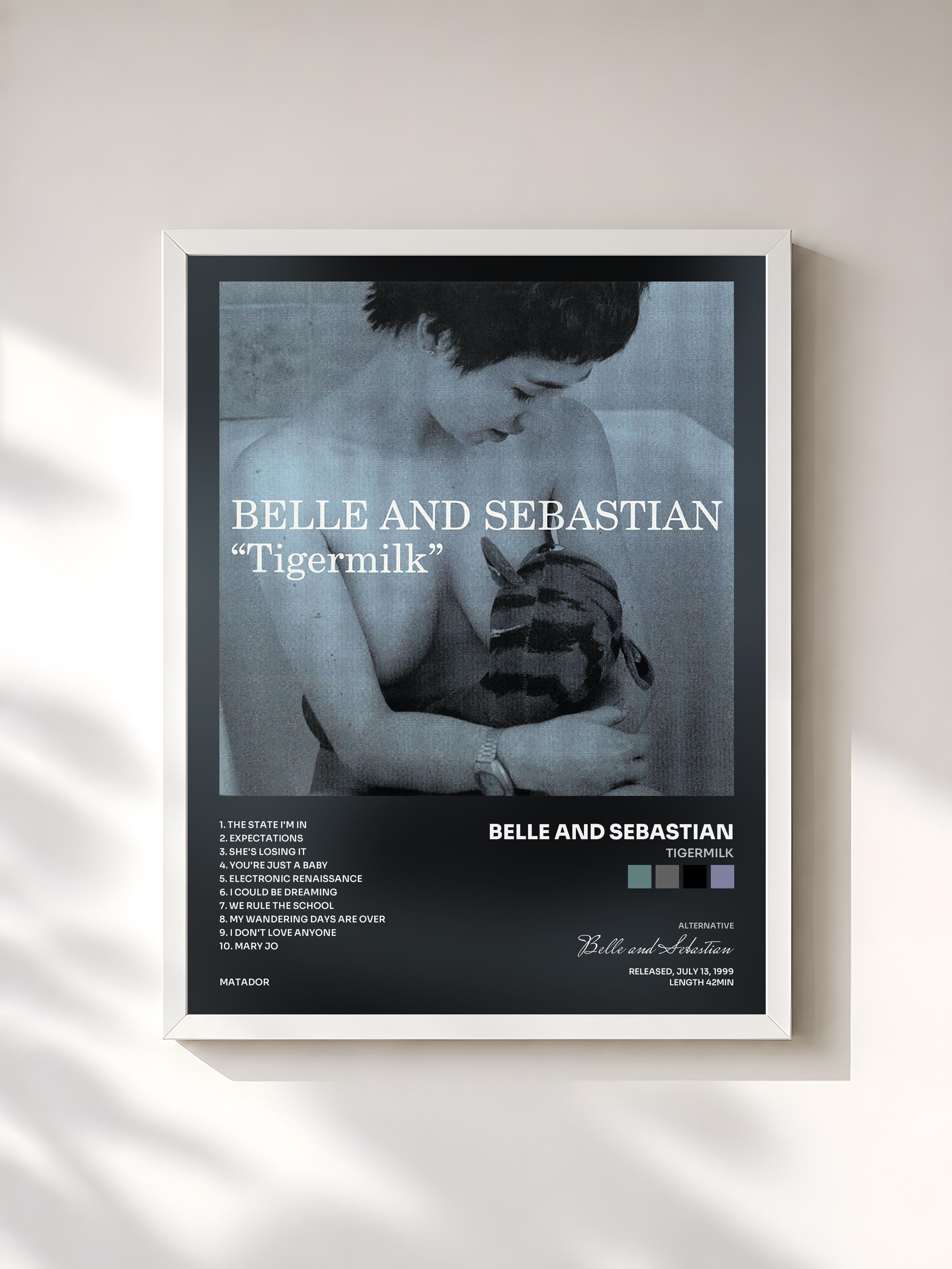 #blanc Tableau de l'album Tigermilk de Belle and Sebastian, cadre blanc, imprimé et encadré en France