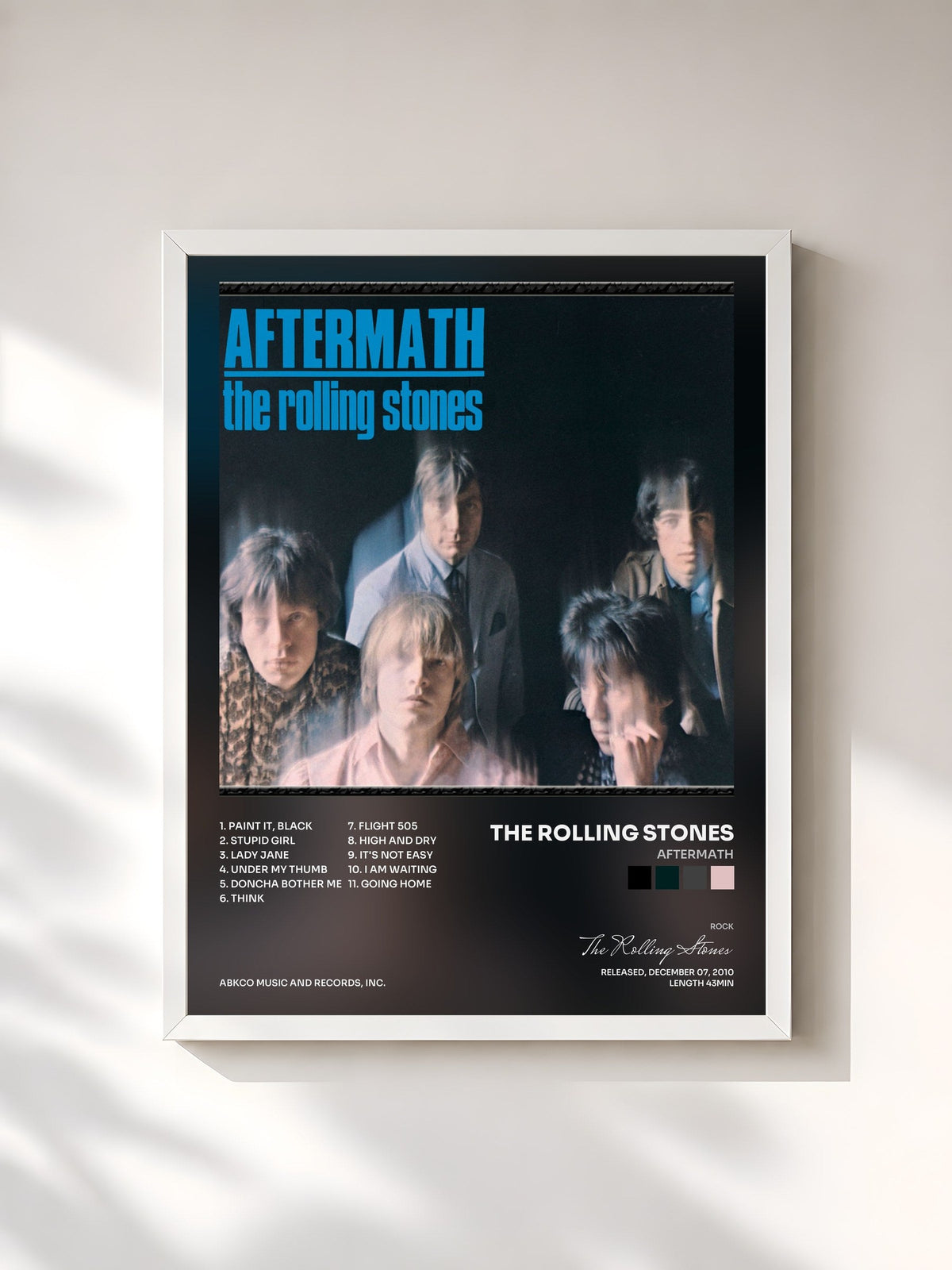 #blanc Tableau de l'album Aftermath de The Rolling Stones, cadre blanc, imprimé et encadré en France