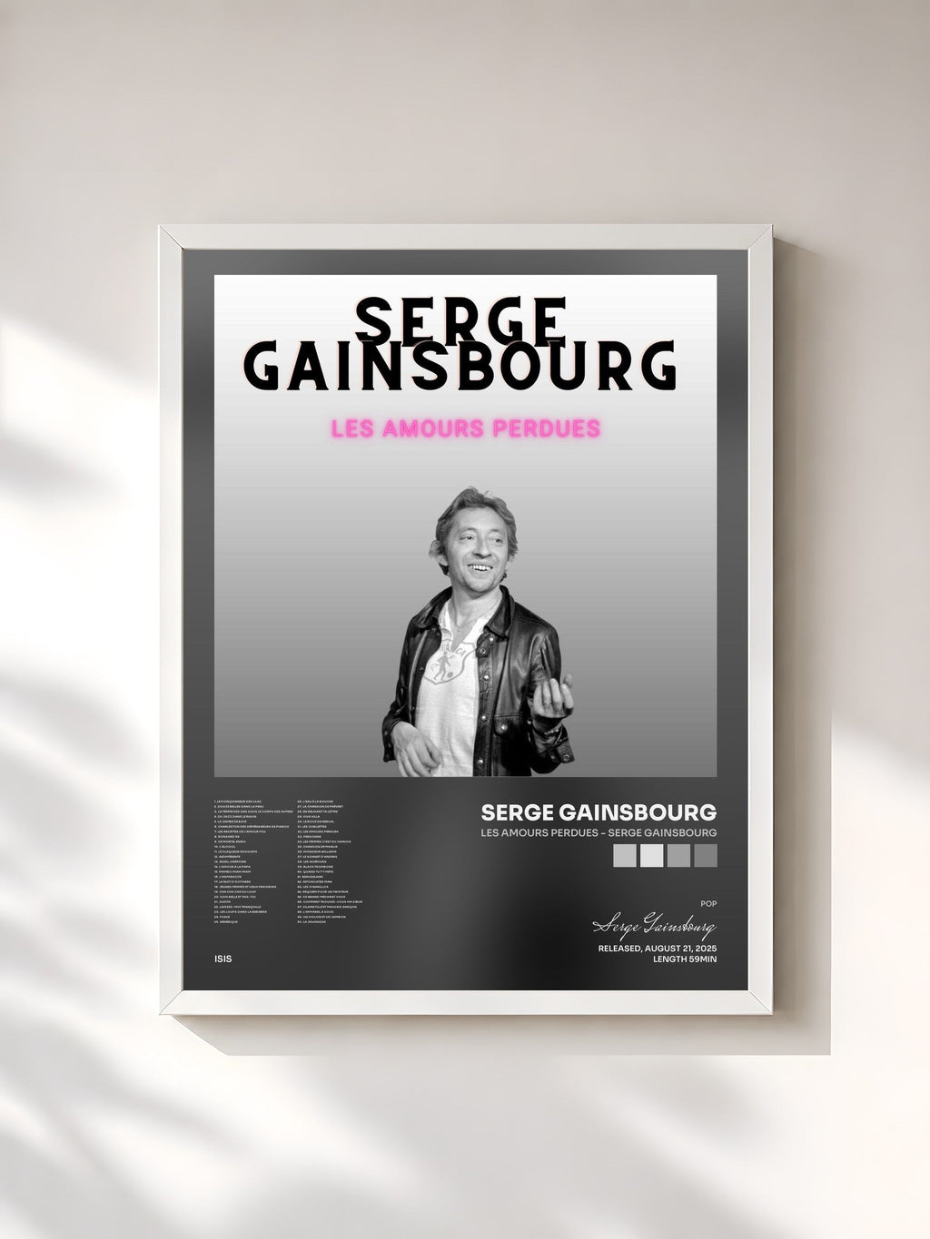 #blanc Tableau de l'album Les amours perdues - Serge Gainsbourg de Serge Gainsbourg, cadre blanc, imprimé et encadré en France
