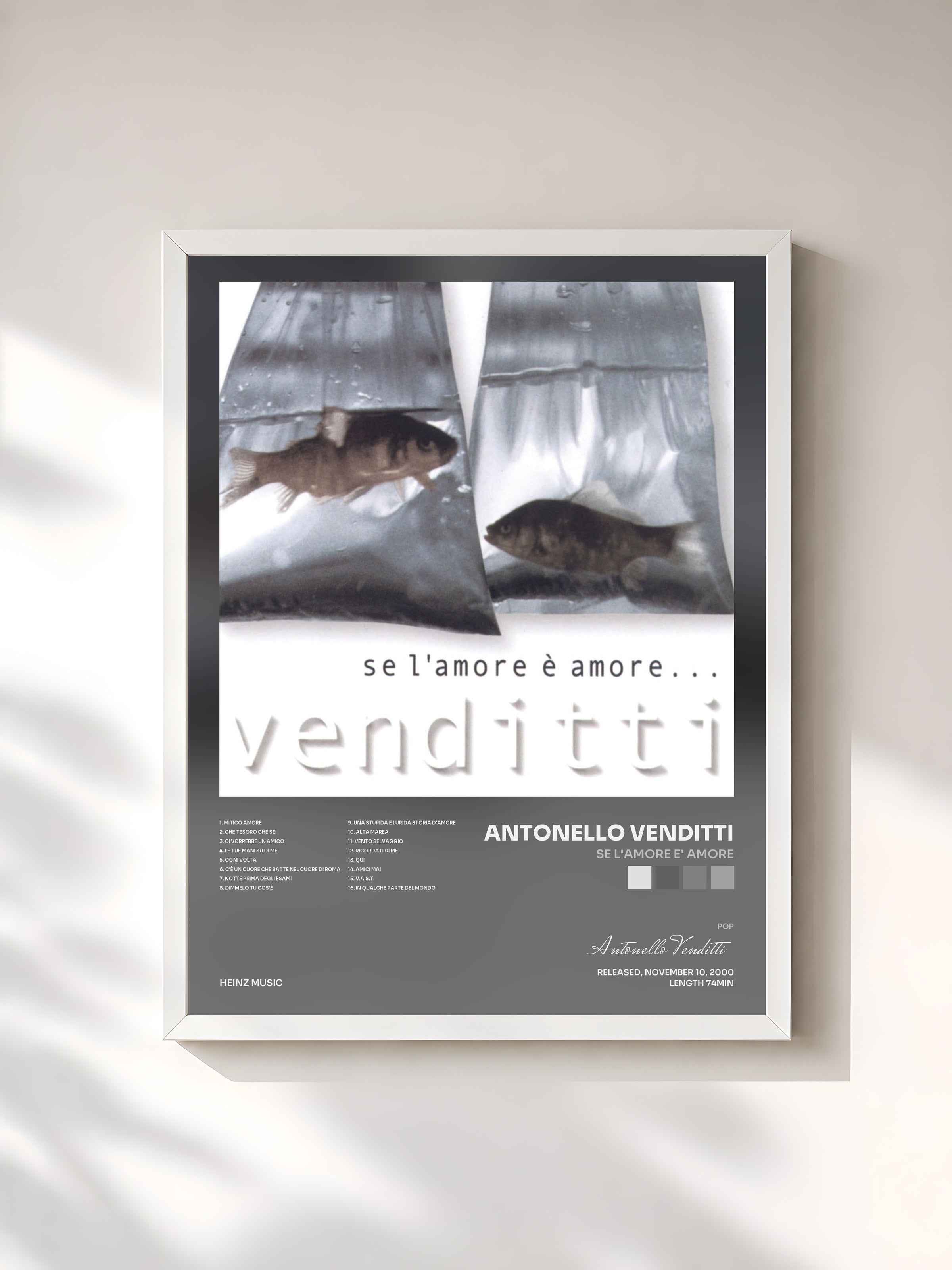 #blanc Tableau de l'album Se L'Amore E' Amore de Antonello Venditti, cadre blanc, imprimé et encadré en France
