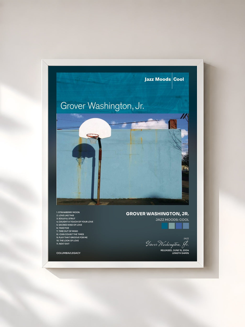 #blanc Tableau de l'album Jazz Moods: Cool de Grover Washington, Jr., cadre blanc, imprimé et encadré en France