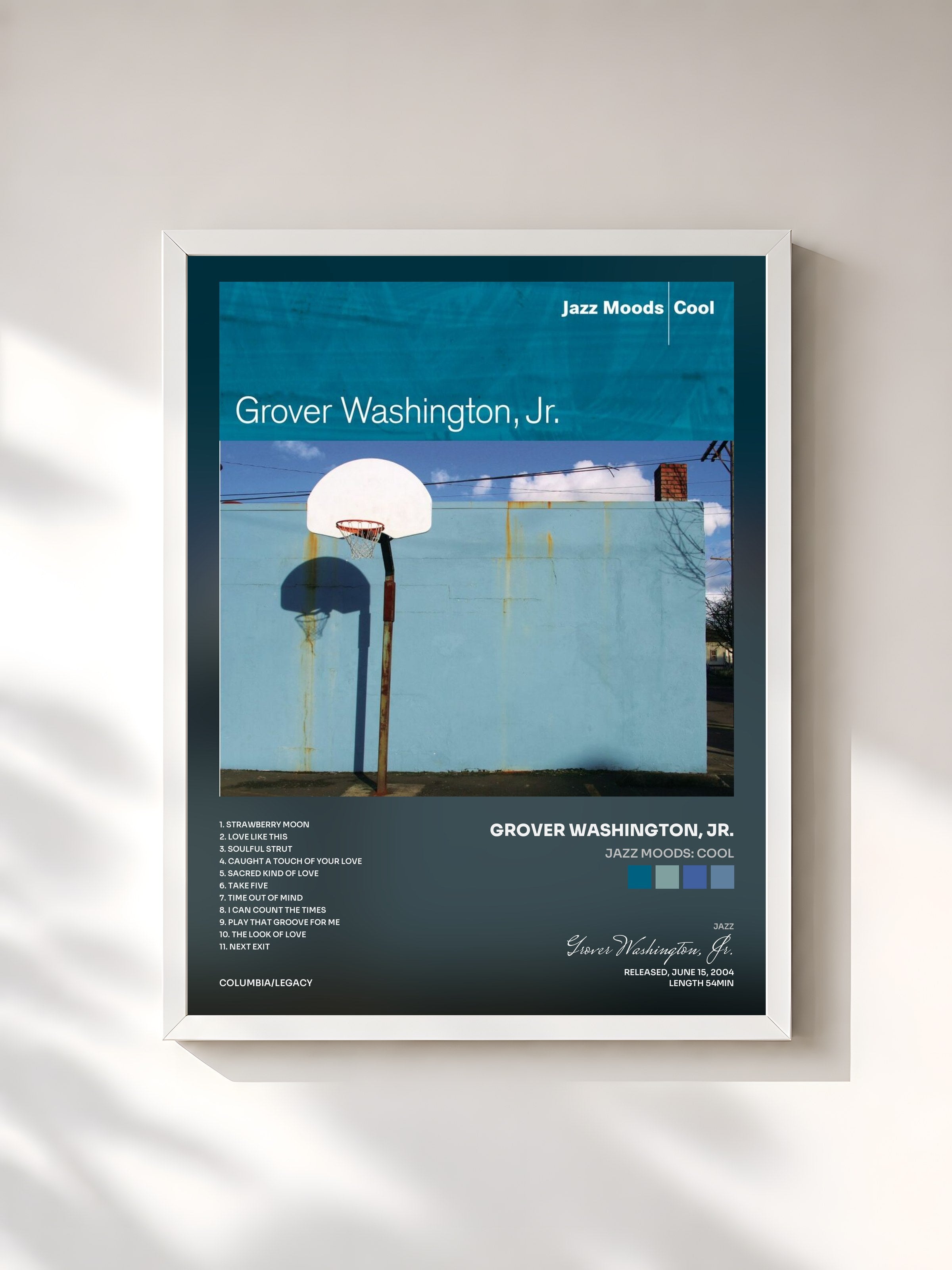 #blanc Tableau de l'album Jazz Moods: Cool de Grover Washington, Jr., cadre blanc, imprimé et encadré en France