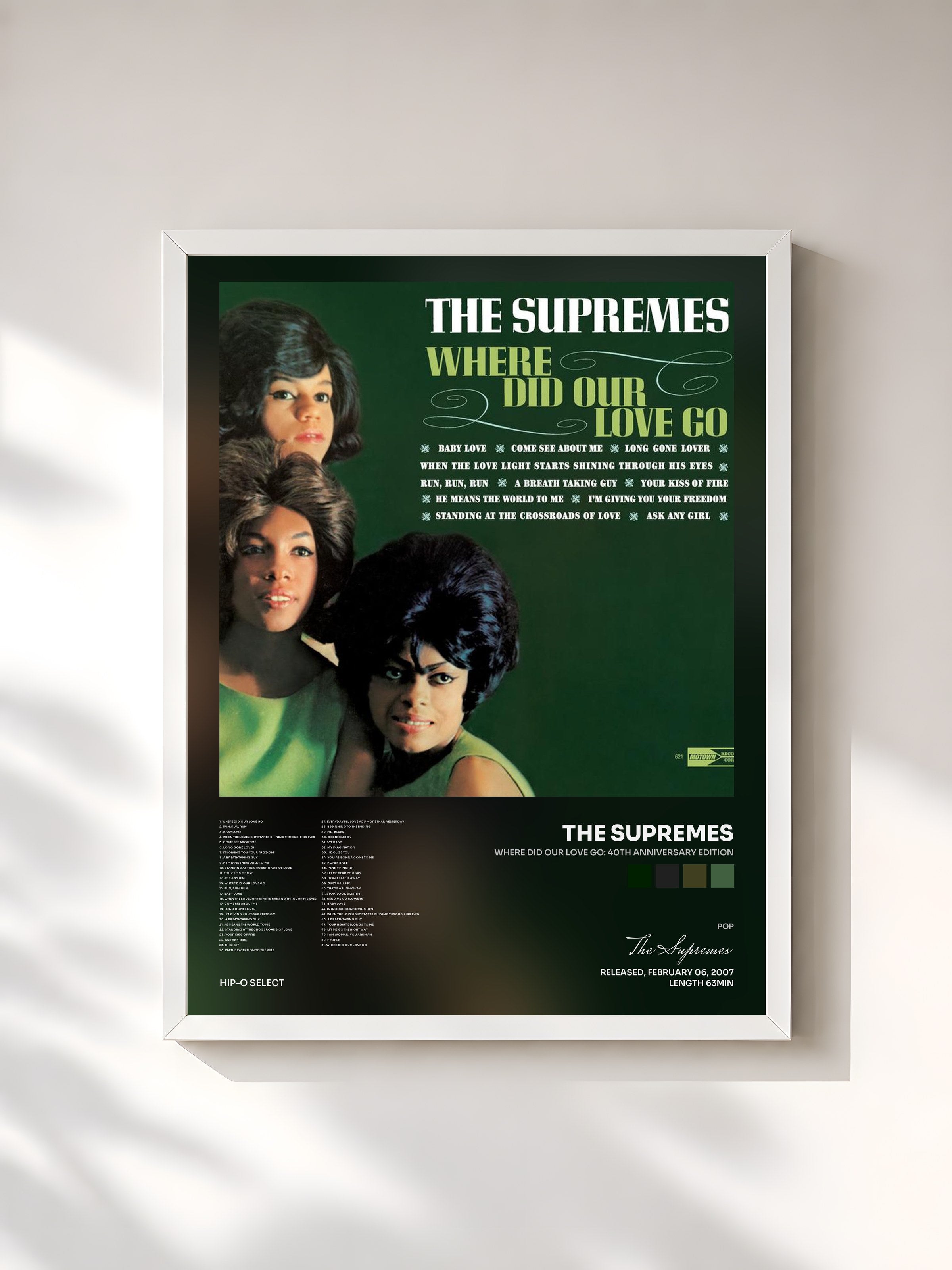 #blanc Tableau de l'album Where Did Our Love Go: 40th Anniversary Edition de The Supremes, cadre blanc, imprimé et encadré en France
