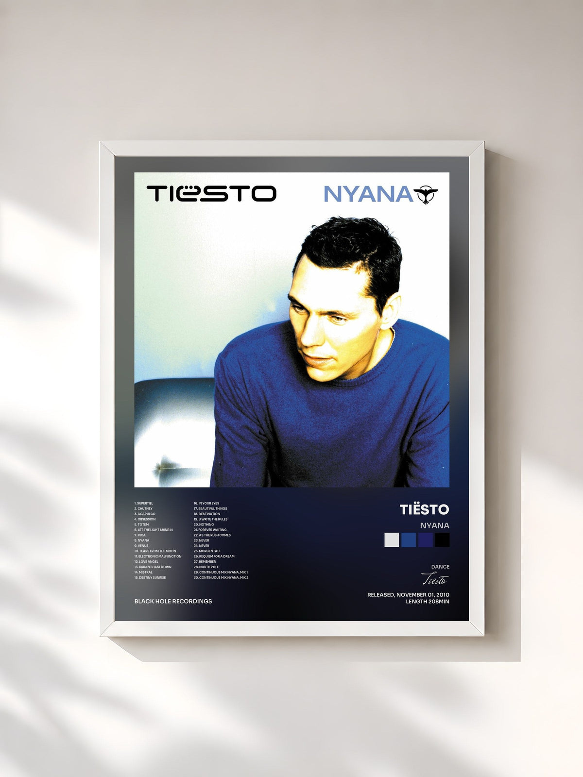#blanc Tableau de l'album Nyana de Tiësto, cadre blanc, imprimé et encadré en France
