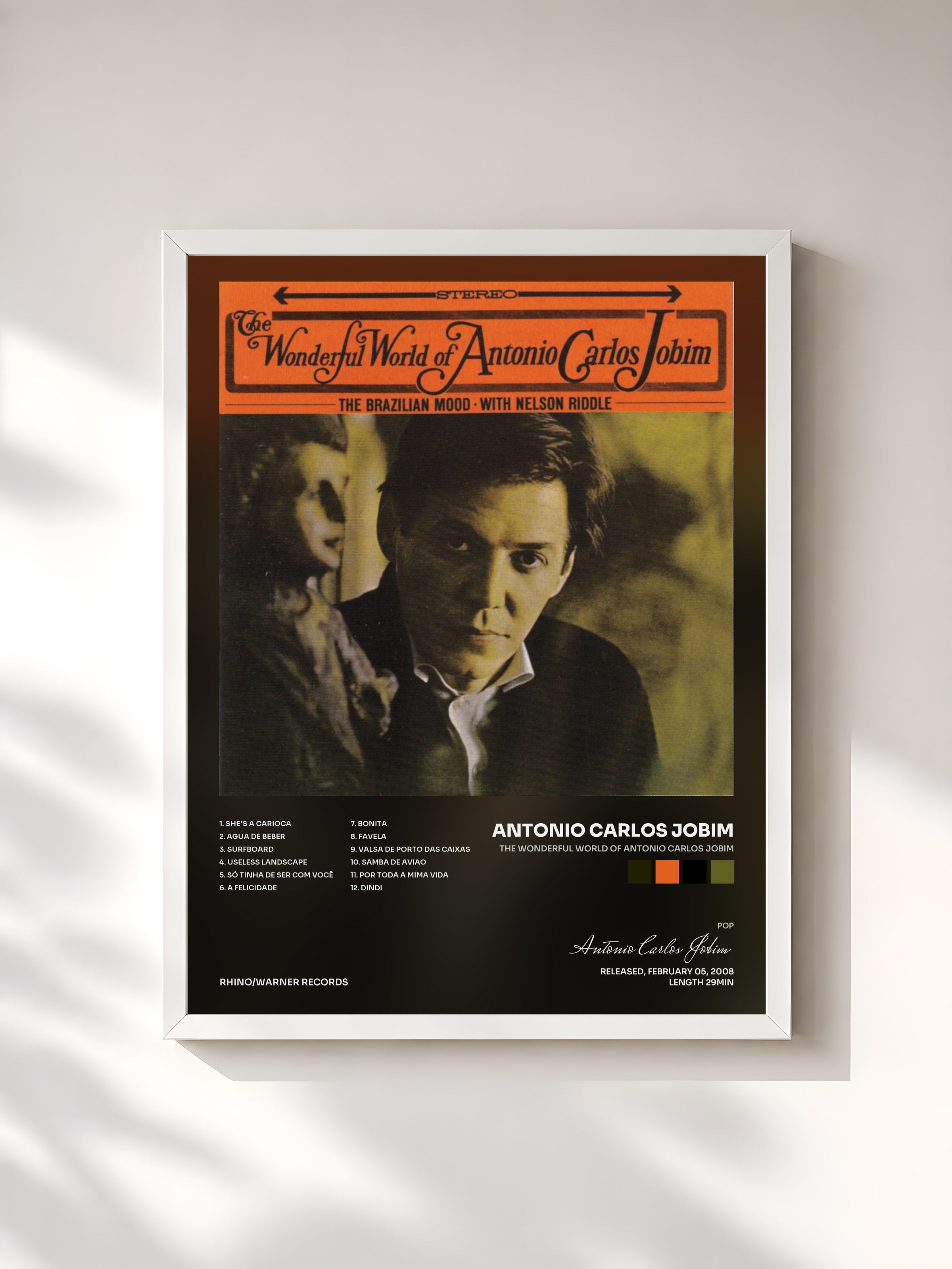 #blanc Tableau de l'album The Wonderful World Of Antonio Carlos Jobim de Antonio Carlos Jobim, cadre blanc, imprimé et encadré en France