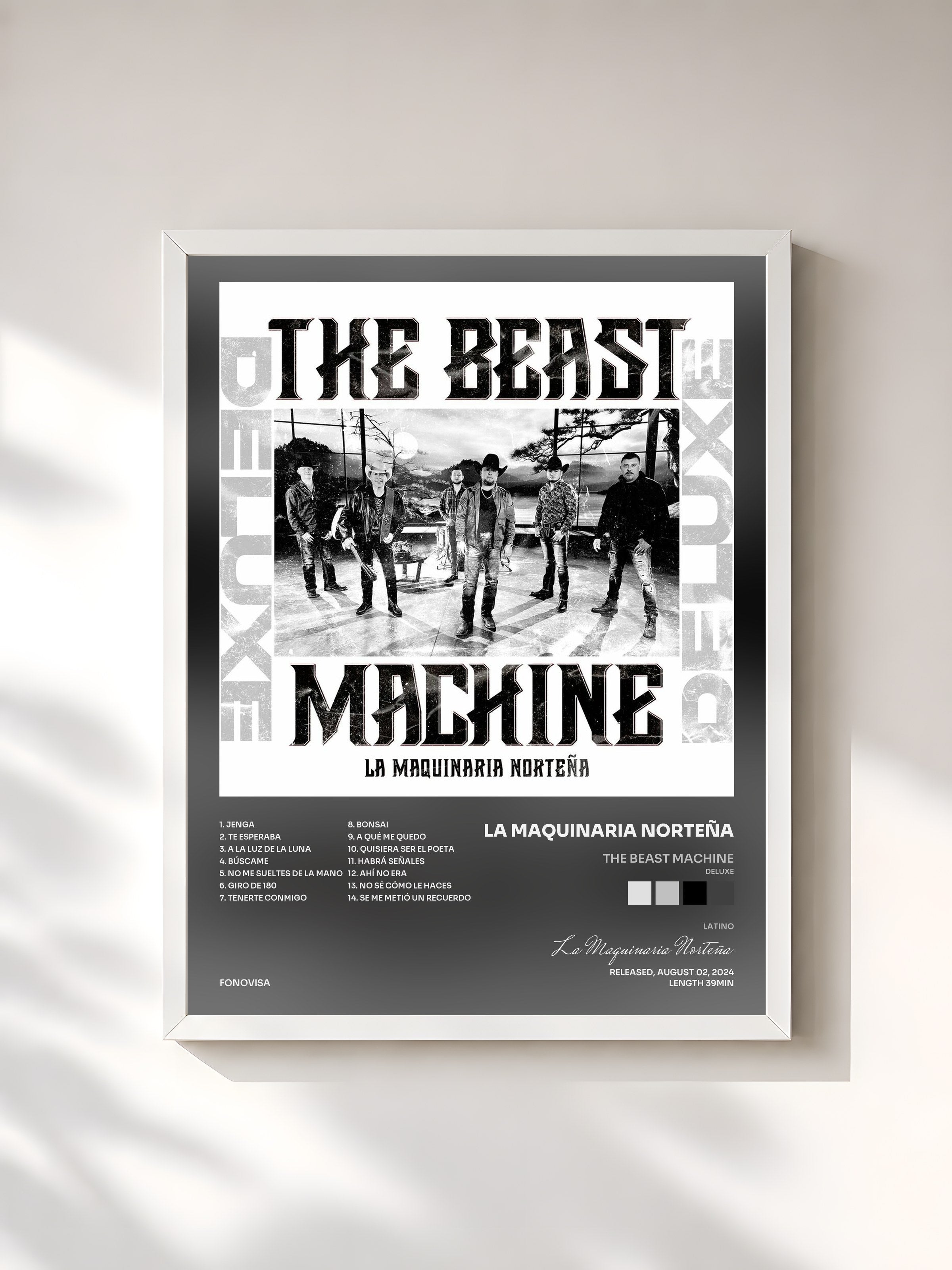 #blanc Tableau de l'album The Beast Machine (Deluxe) de La Maquinaria Norteña, cadre blanc, imprimé et encadré en France