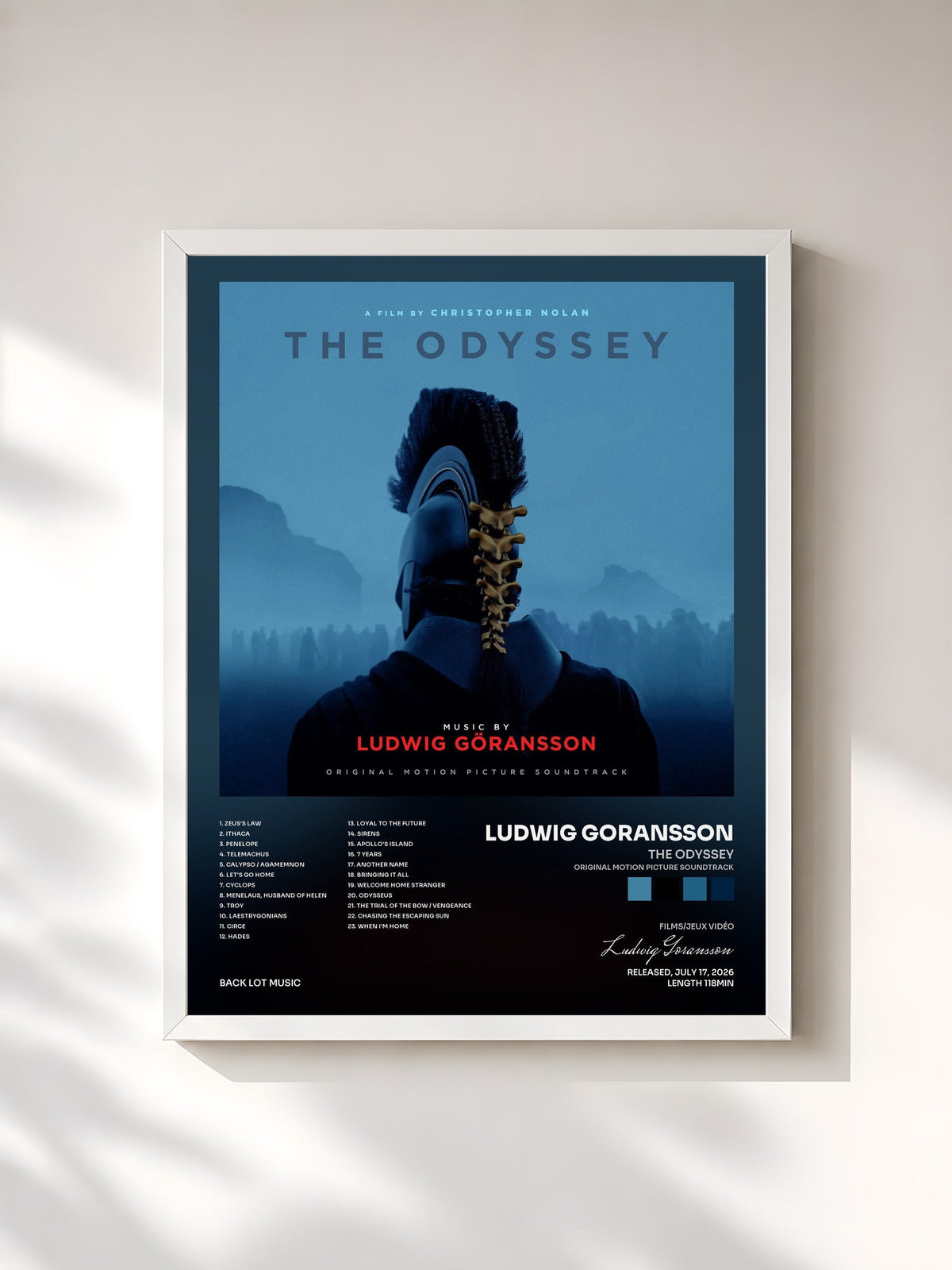 #blanc Tableau de l'album The Odyssey (Original Motion Picture Soundtrack) de Ludwig Goransson, cadre blanc, imprimé et encadré en France