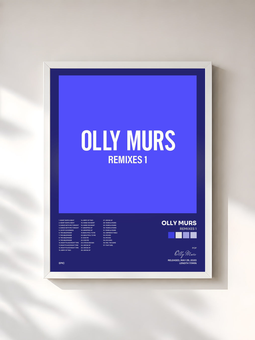 #blanc Tableau de l'album Remixes 1 de Olly Murs, cadre blanc, imprimé et encadré en France