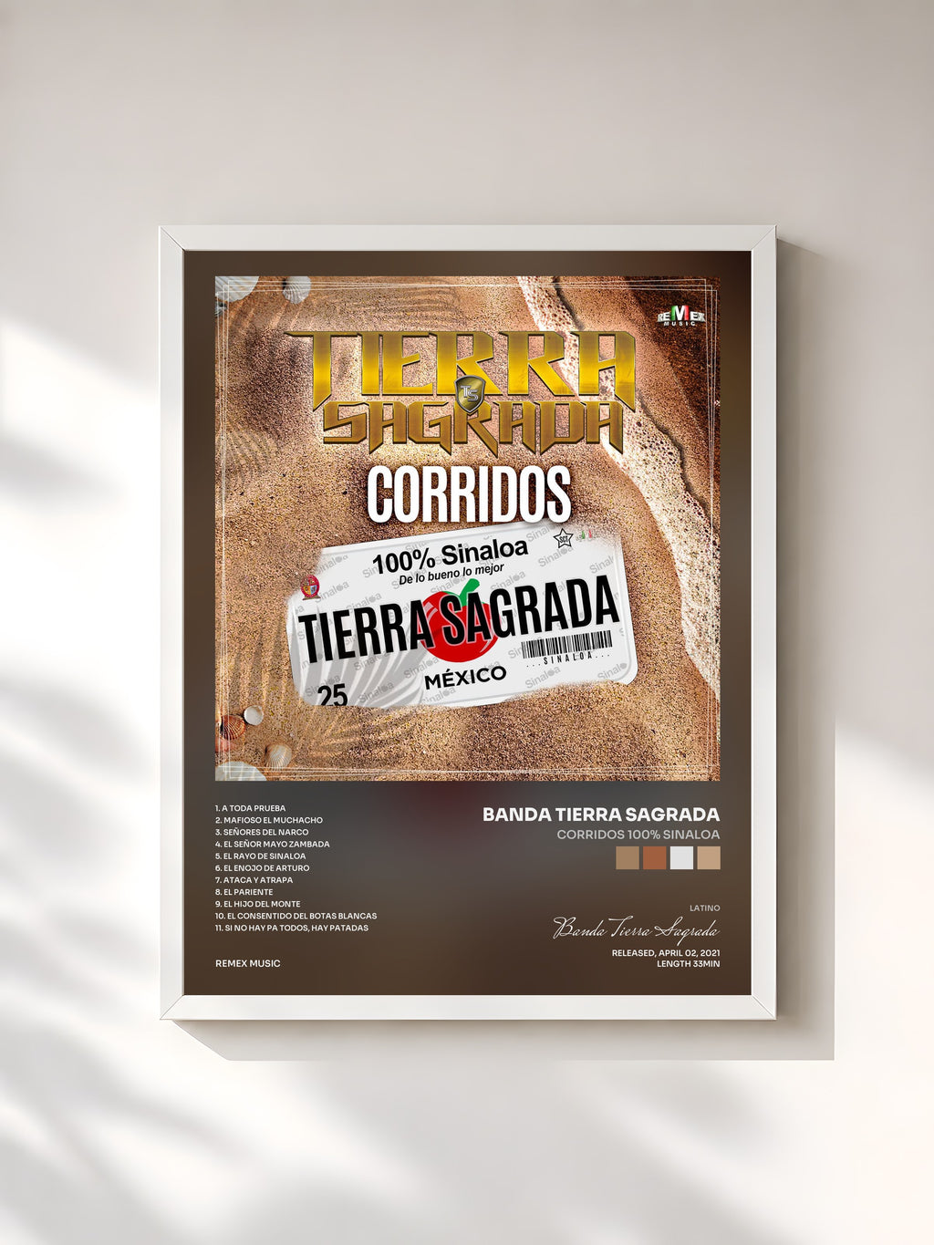 #blanc Corridos 100% Sinaloa by Banda Tierra Sagrada as a framed art print, white frame, printed and framed in France