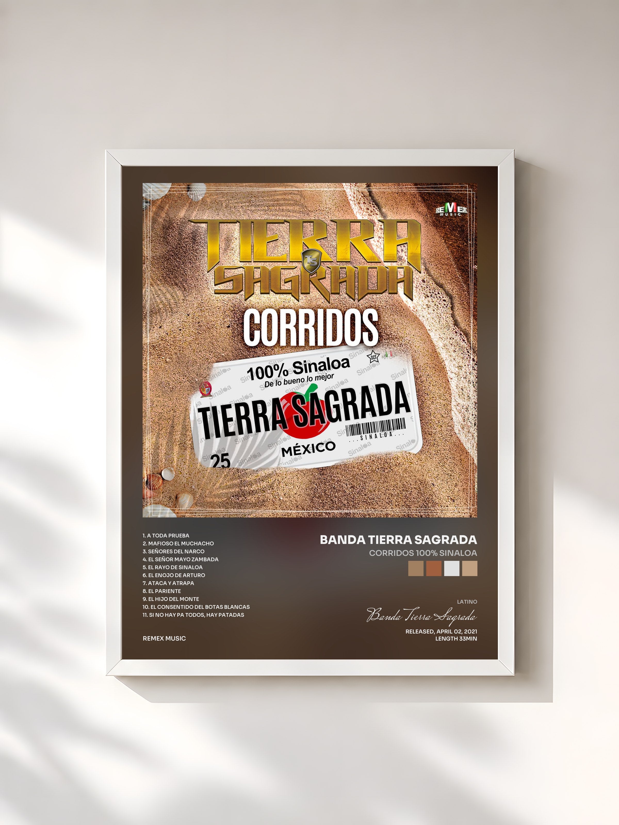 #blanc Tableau de l'album Corridos 100% Sinaloa de Banda Tierra Sagrada, cadre blanc, imprimé et encadré en France