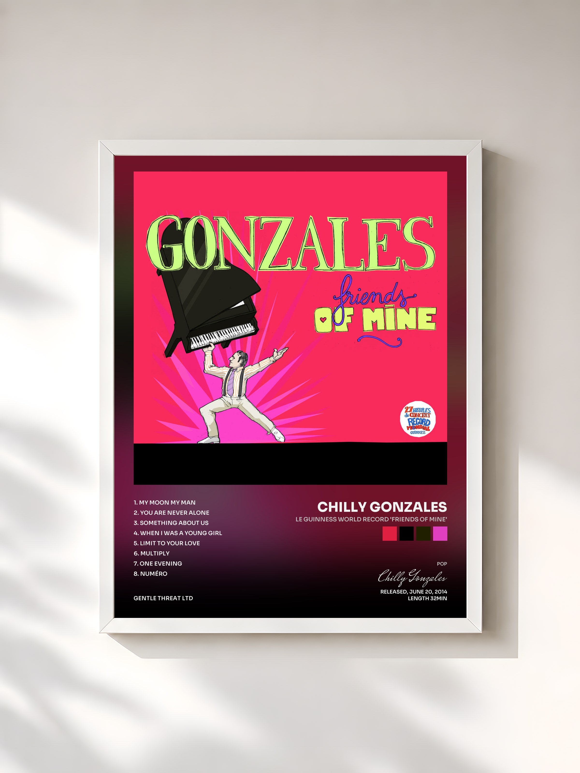 #blanc Tableau de l'album Le Guinness World Record 'Friends of Mine' de Chilly Gonzales, cadre blanc, imprimé et encadré en France