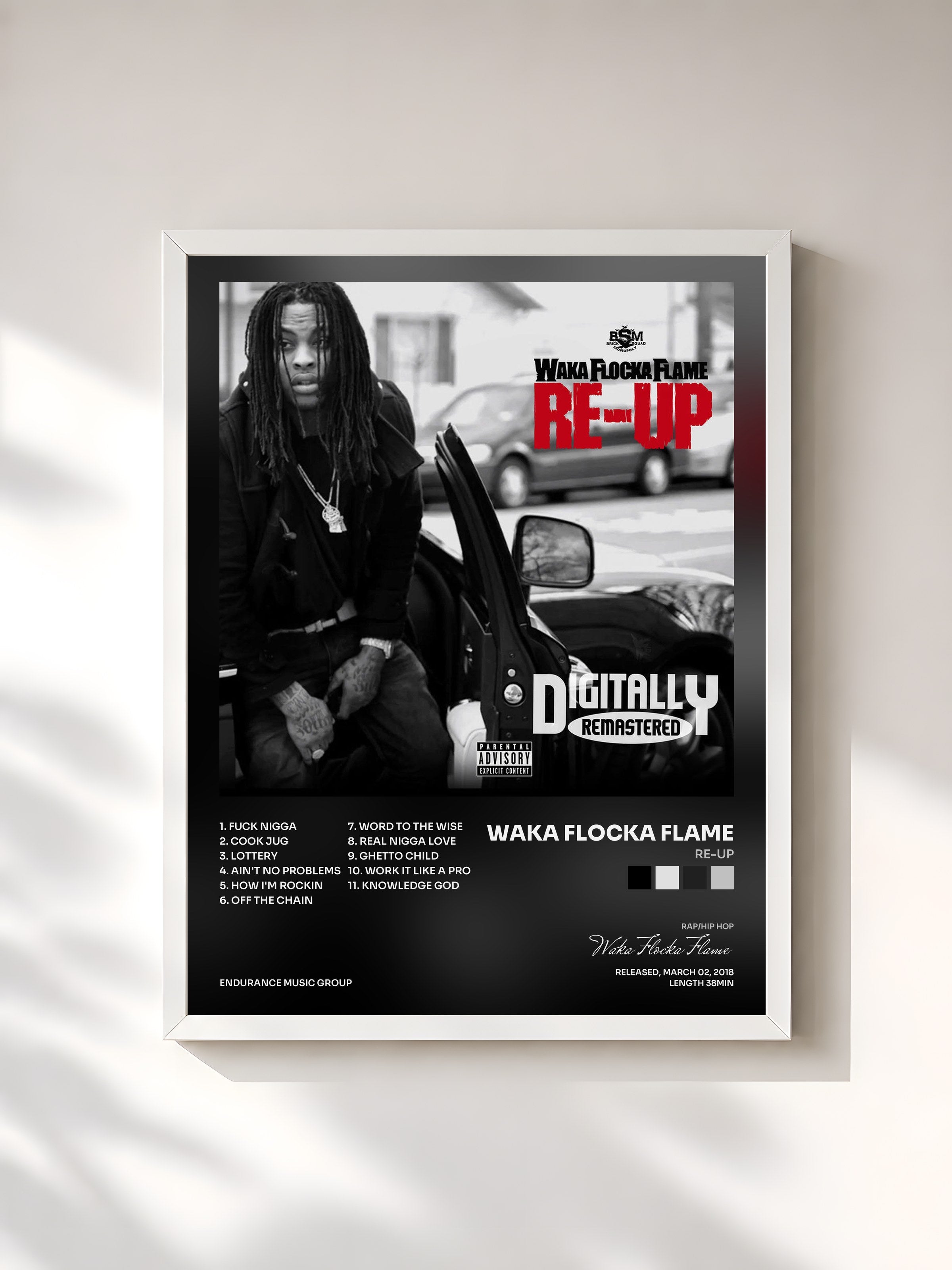 #blanc Tableau de l'album Re-Up de Waka Flocka Flame, cadre blanc, imprimé et encadré en France