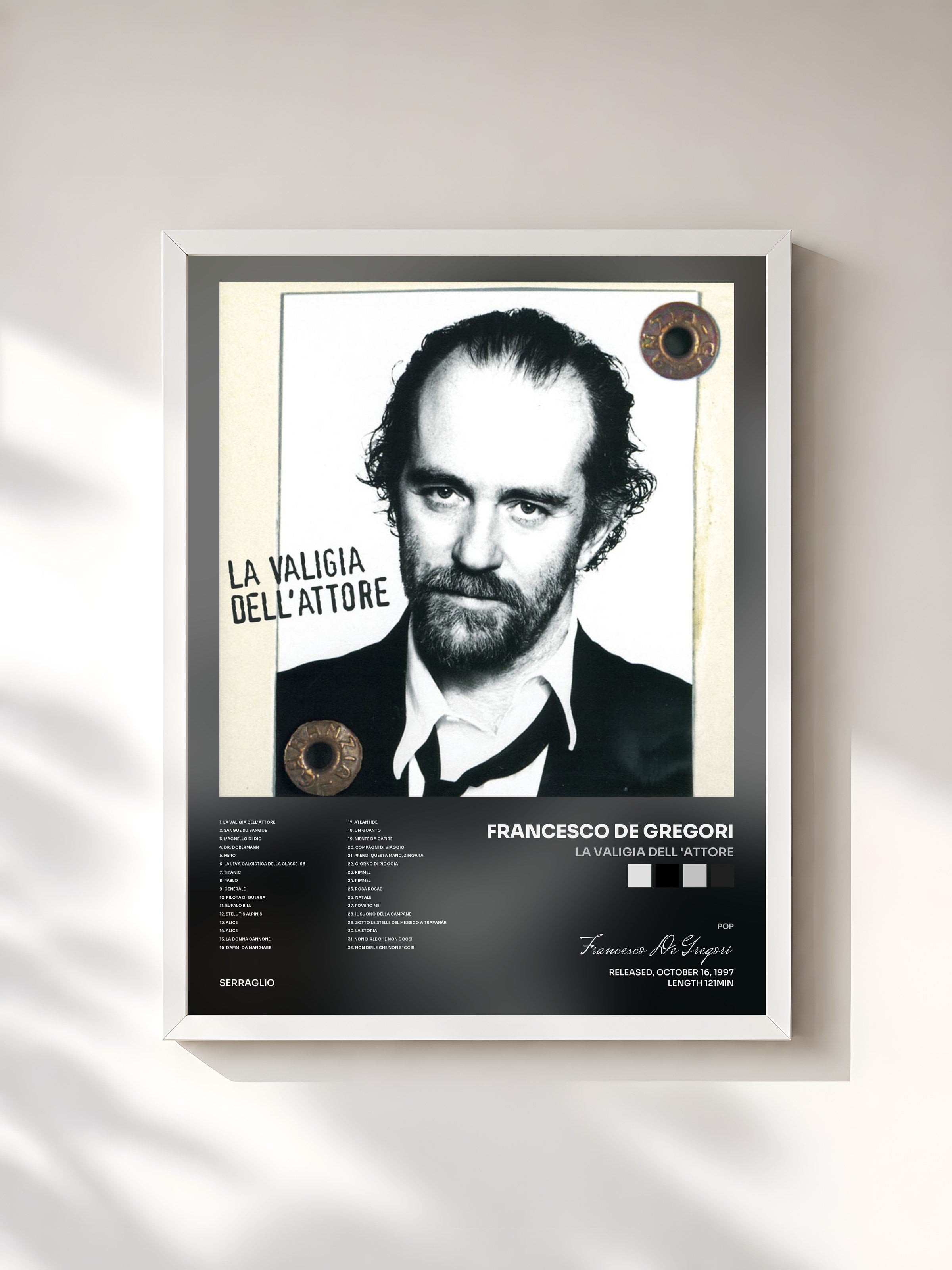 #blanc Tableau de l'album La Valigia Dell 'Attore de Francesco De Gregori, cadre blanc, imprimé et encadré en France