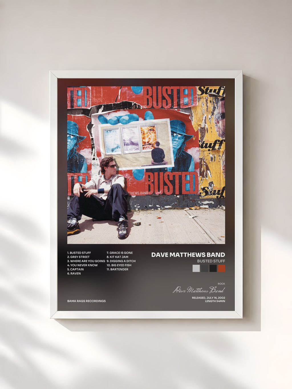 #blanc Tableau de l'album Busted Stuff de Dave Matthews Band, cadre blanc, imprimé et encadré en France