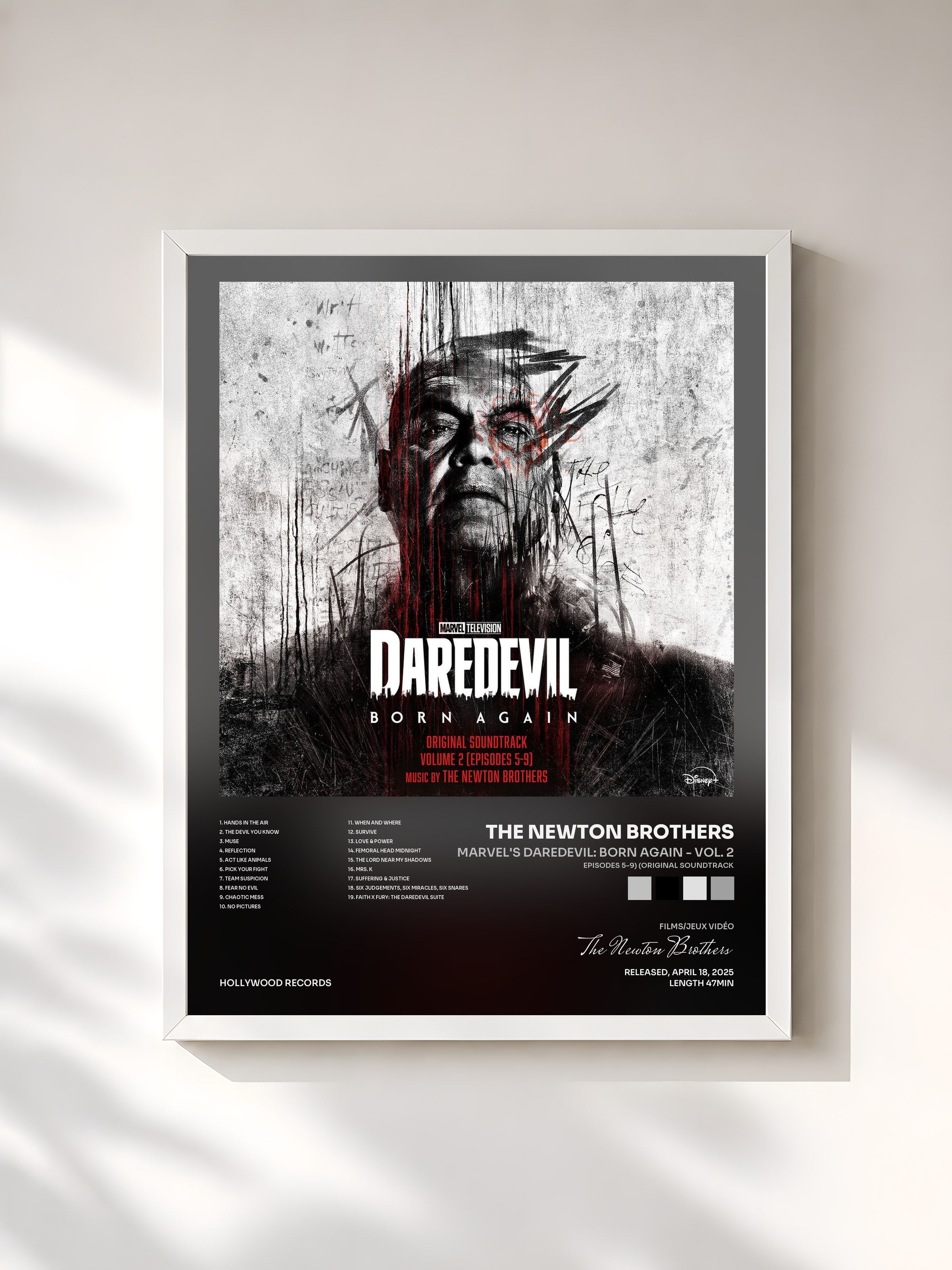 #blanc Tableau de l'album Marvel's Daredevil: Born Again - Vol. 2 (Episodes 5-9) (Original Soundtrack) de The Newton Brothers, cadre blanc, imprimé et encadré en France
