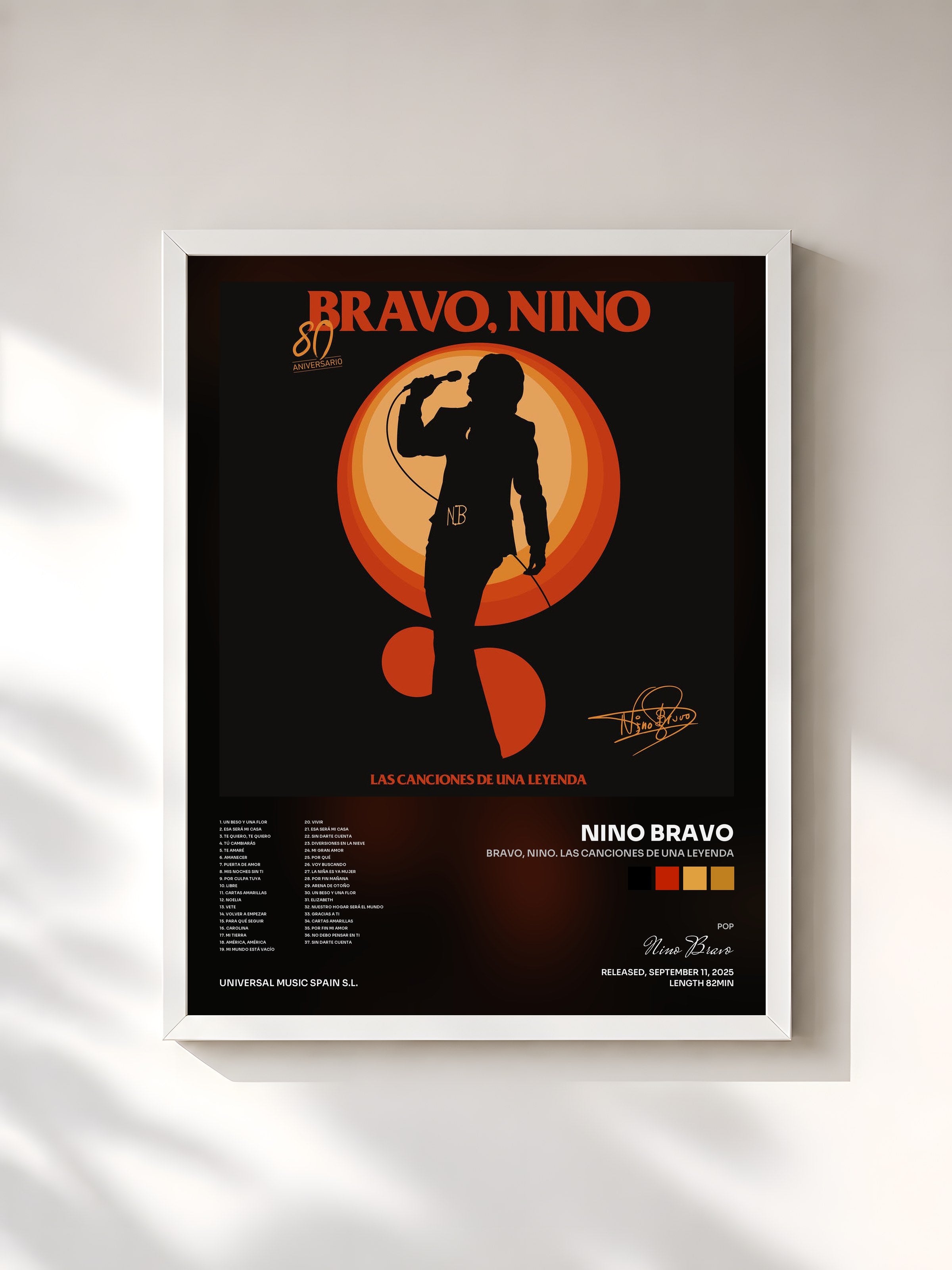 #blanc Tableau de l'album Bravo, Nino. Las Canciones de una Leyenda de Nino Bravo, cadre blanc, imprimé et encadré en France