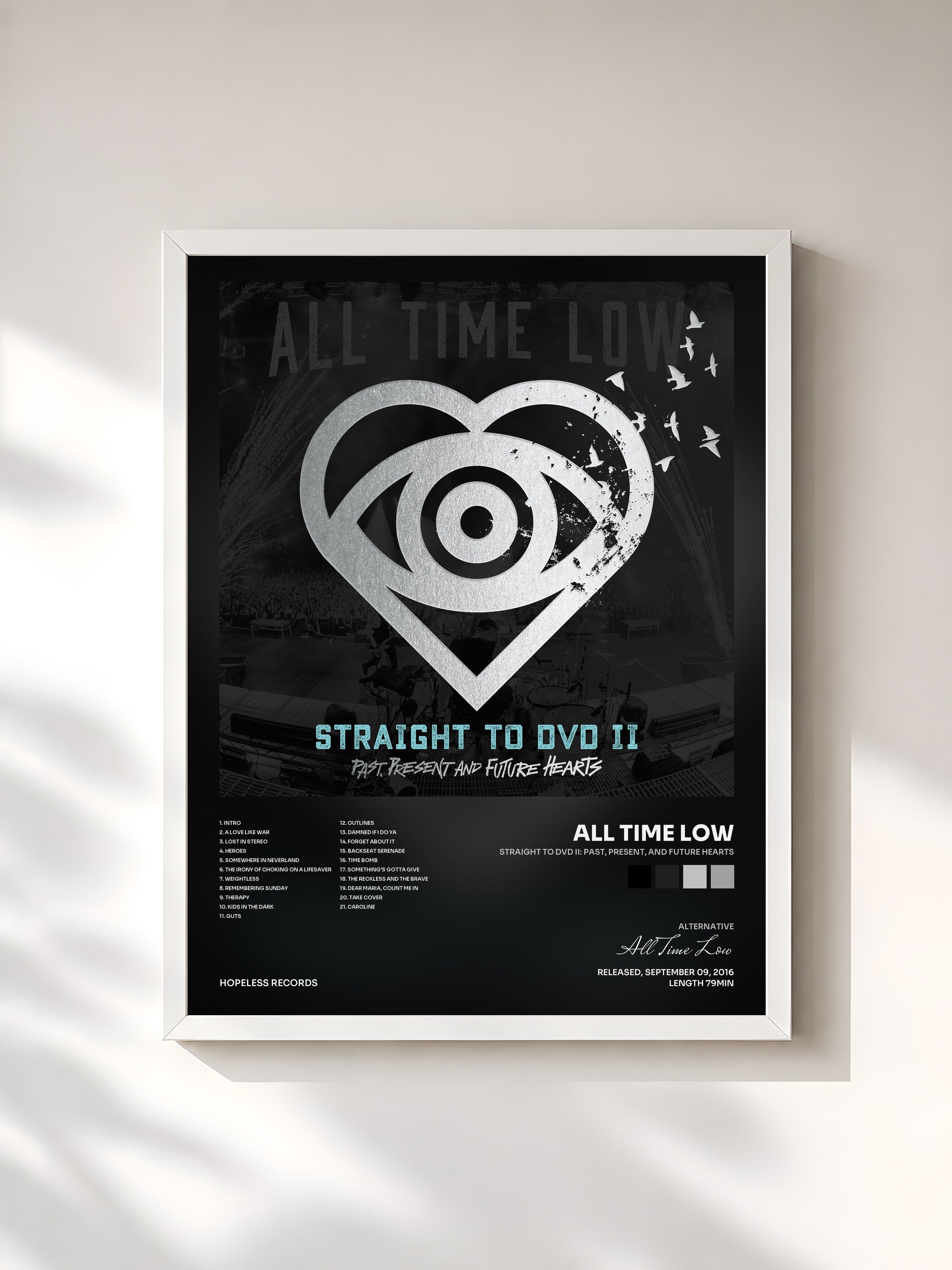 #blanc Tableau de l'album Straight To DVD II: Past, Present, and Future Hearts de All Time Low, cadre blanc, imprimé et encadré en France