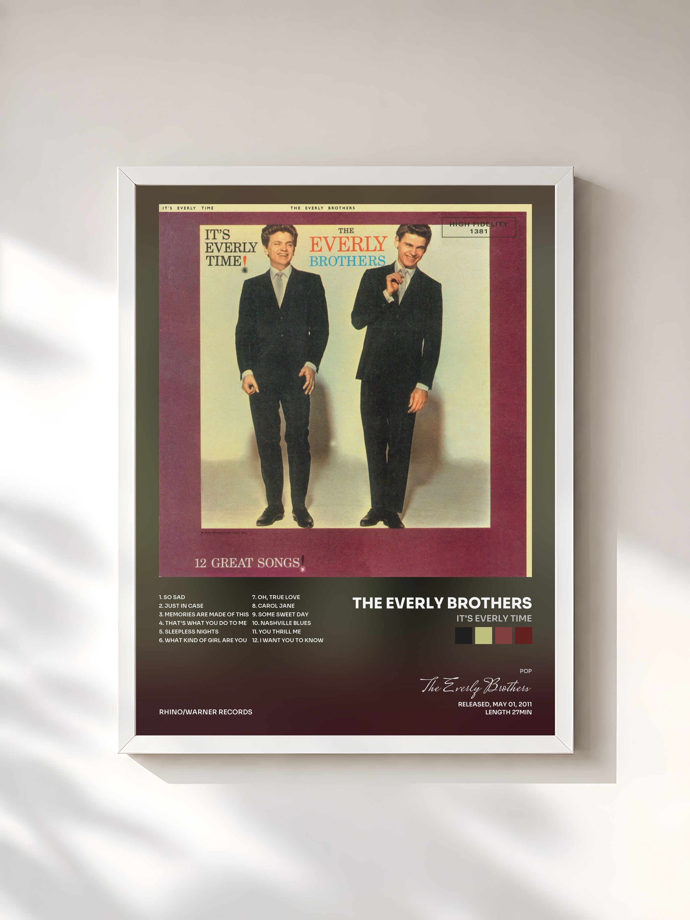 #blanc Tableau de l'album It's Everly Time de The Everly Brothers, cadre blanc, imprimé et encadré en France