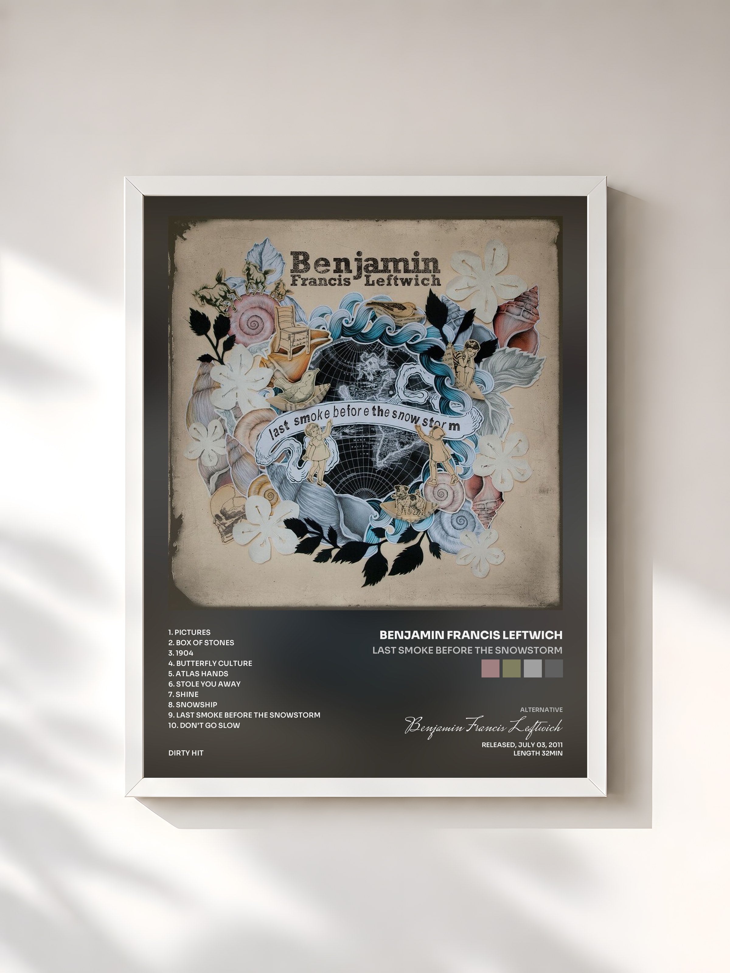 #blanc Tableau de l'album Last Smoke Before The Snowstorm de Benjamin Francis Leftwich, cadre blanc, imprimé et encadré en France