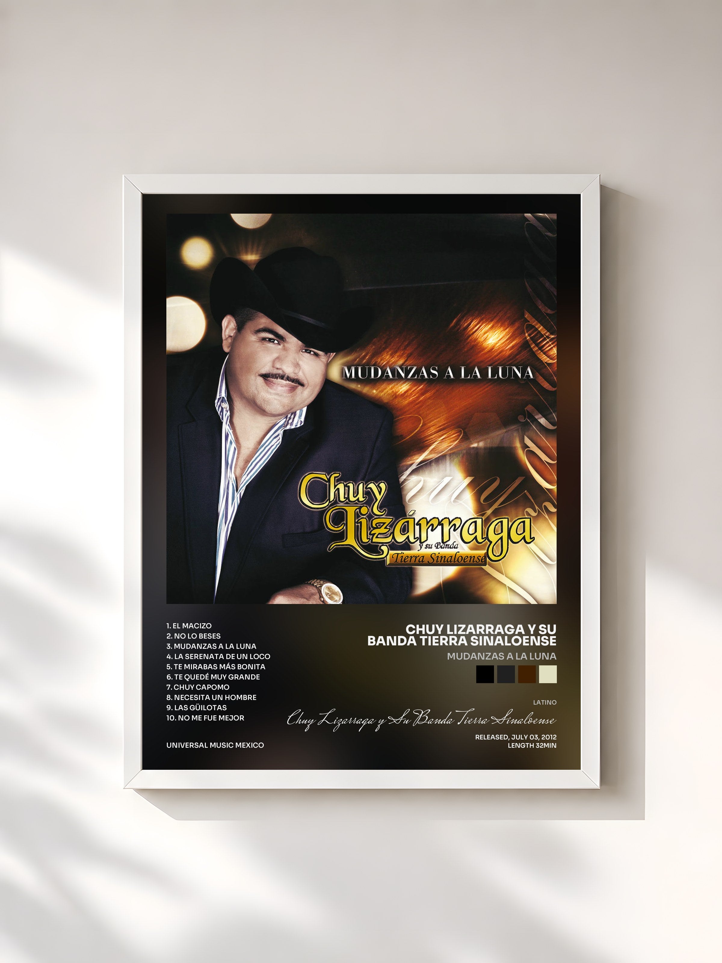 #blanc Tableau de l'album Mudanzas A La Luna de Chuy Lizarraga y Su Banda Tierra Sinaloense, cadre blanc, imprimé et encadré en France