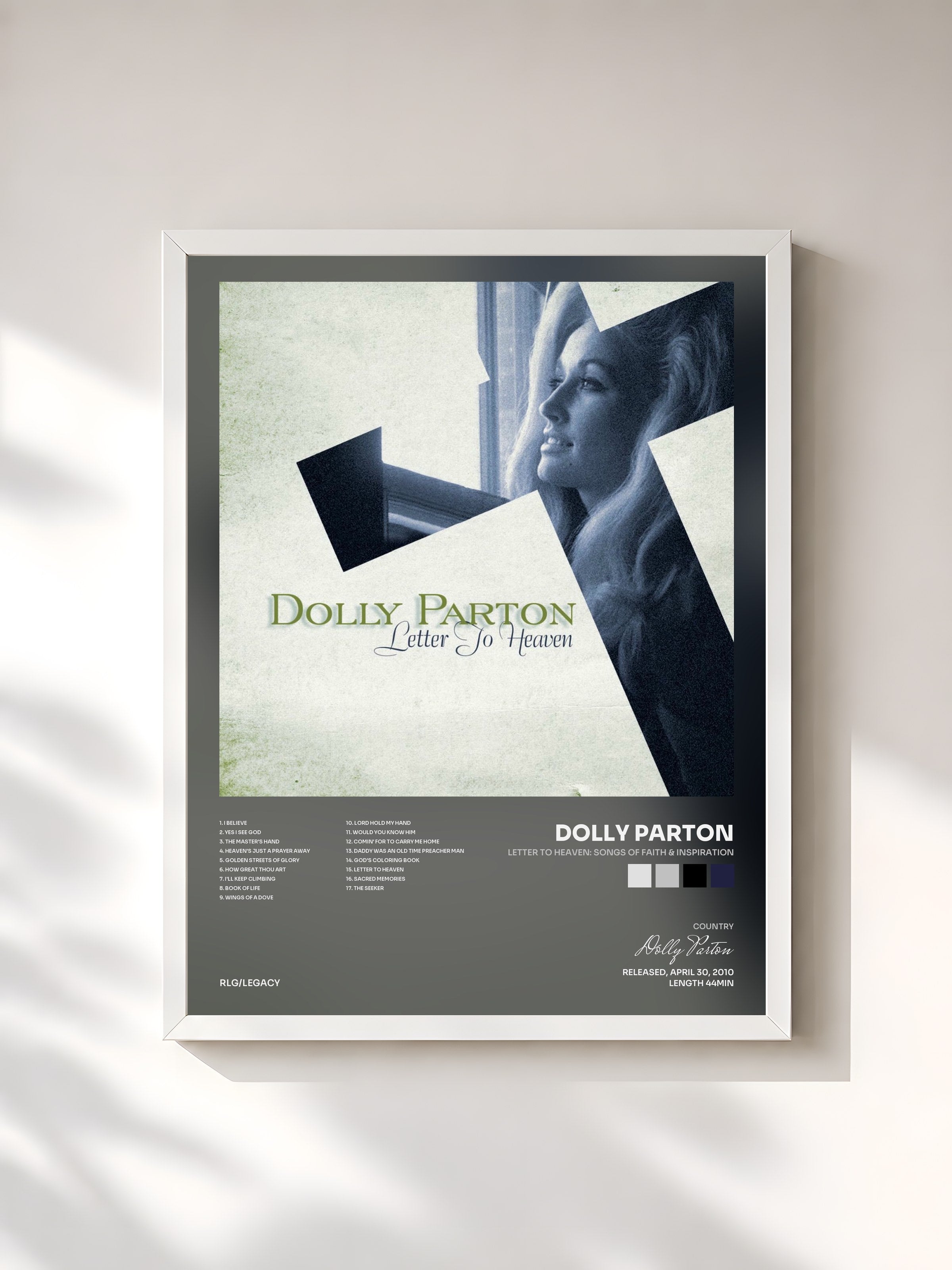 #blanc Tableau de l'album Letter To Heaven: Songs Of Faith & Inspiration de Dolly Parton, cadre blanc, imprimé et encadré en France
