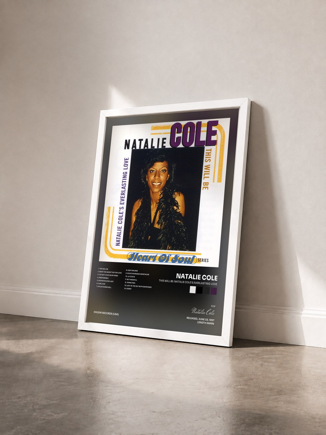 #blanc Tableau de l'album This Will Be: Natalie Cole's Everlasting Love de Natalie Cole vu de trois quarts, cadre blanc