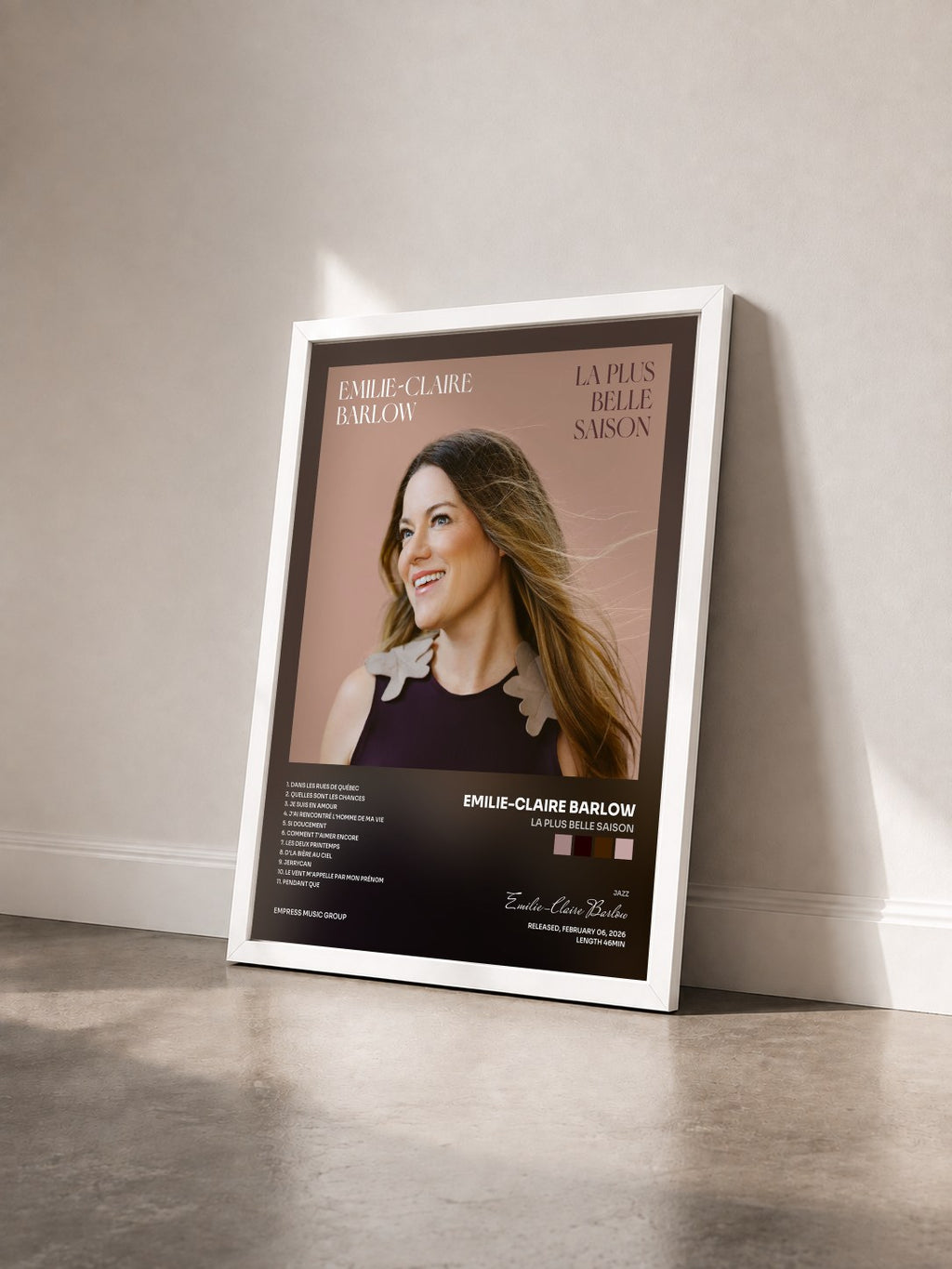 #blanc Tableau de l'album La plus belle saison de Emilie-Claire Barlow vu de trois quarts, cadre blanc