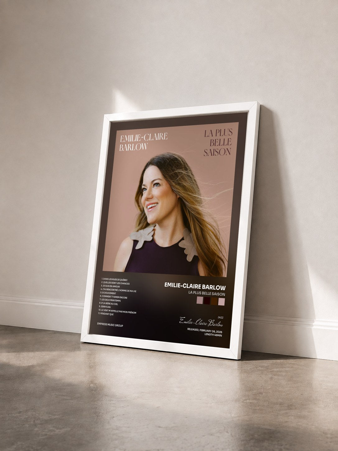 #blanc Tableau de l'album La plus belle saison de Emilie-Claire Barlow vu de trois quarts, cadre blanc