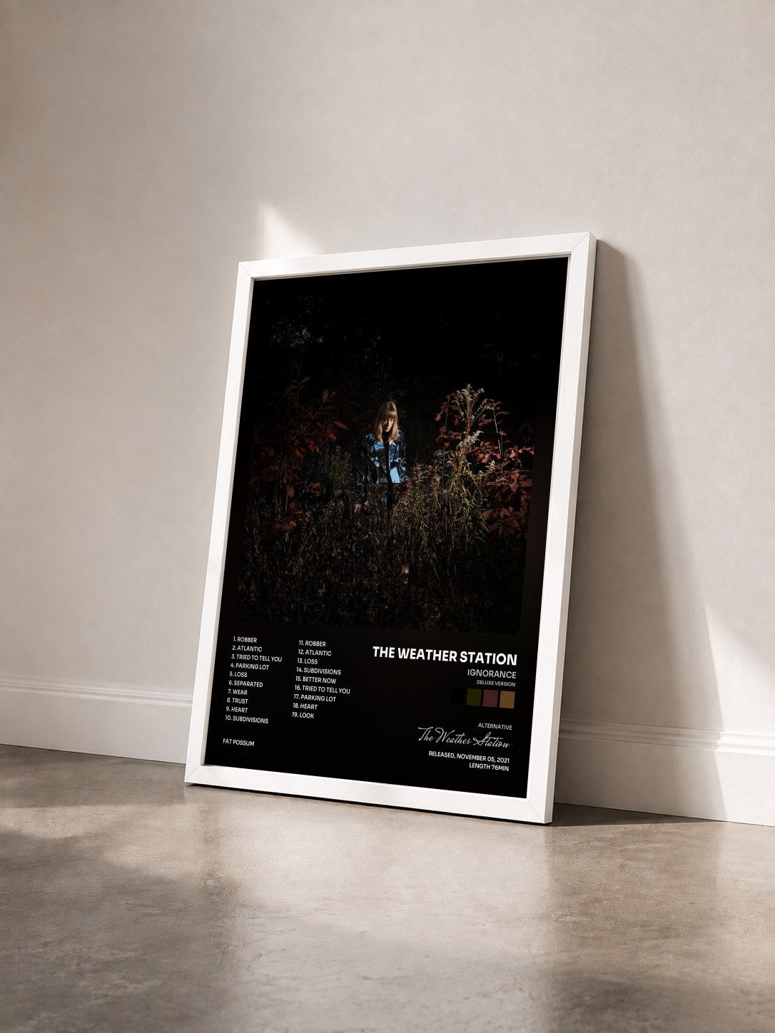 #blanc Tableau de l'album Ignorance (Deluxe Version) de The Weather Station vu de trois quarts, cadre blanc