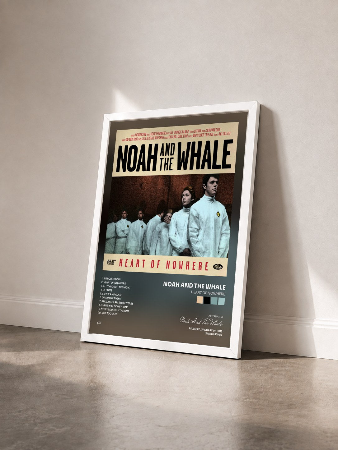 #blanc Tableau de l'album Heart Of Nowhere de Noah And The Whale vu de trois quarts, cadre blanc