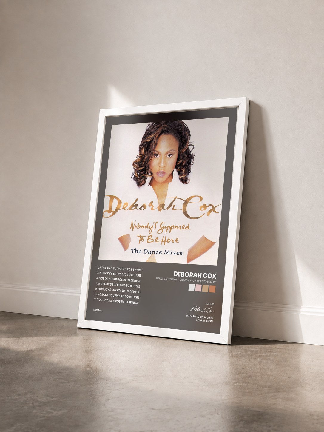 #blanc Tableau de l'album Dance Vault Mixes - Nobody's Supposed To Be Here de Deborah Cox vu de trois quarts, cadre blanc