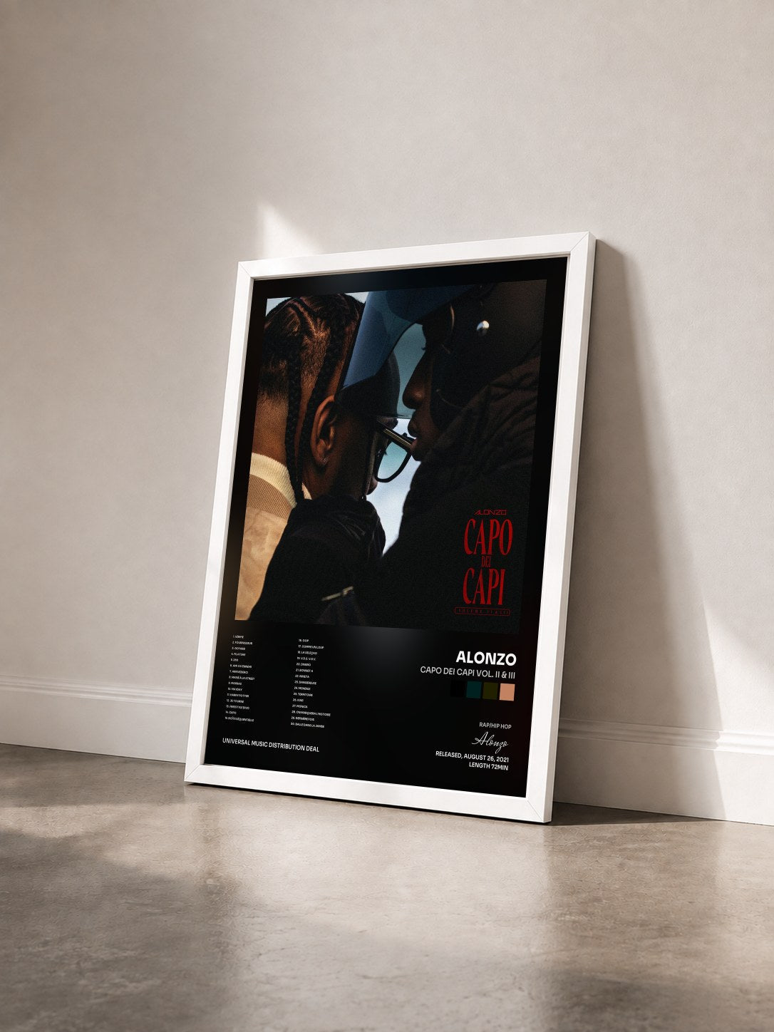 #blanc Tableau de l'album Capo Dei Capi Vol. II & III de Alonzo vu de trois quarts, cadre blanc