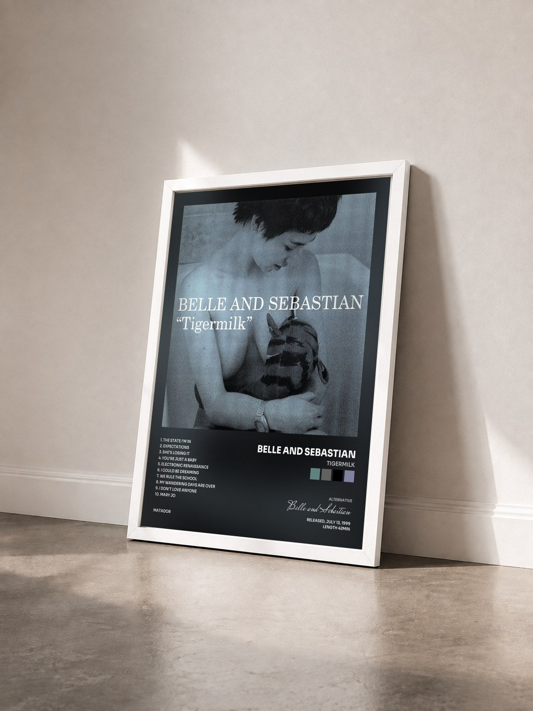 #blanc Tableau de l'album Tigermilk de Belle and Sebastian vu de trois quarts, cadre blanc
