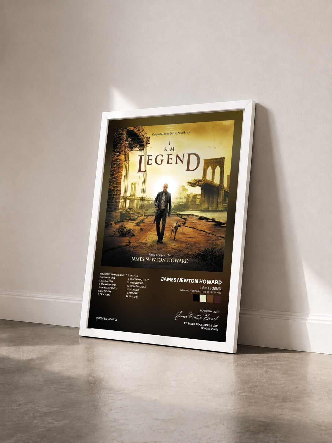 #blanc I Am Legend (Original Motion Picture Soundtrack) by James Newton Howard as a framed art print seen at an angle, white frame