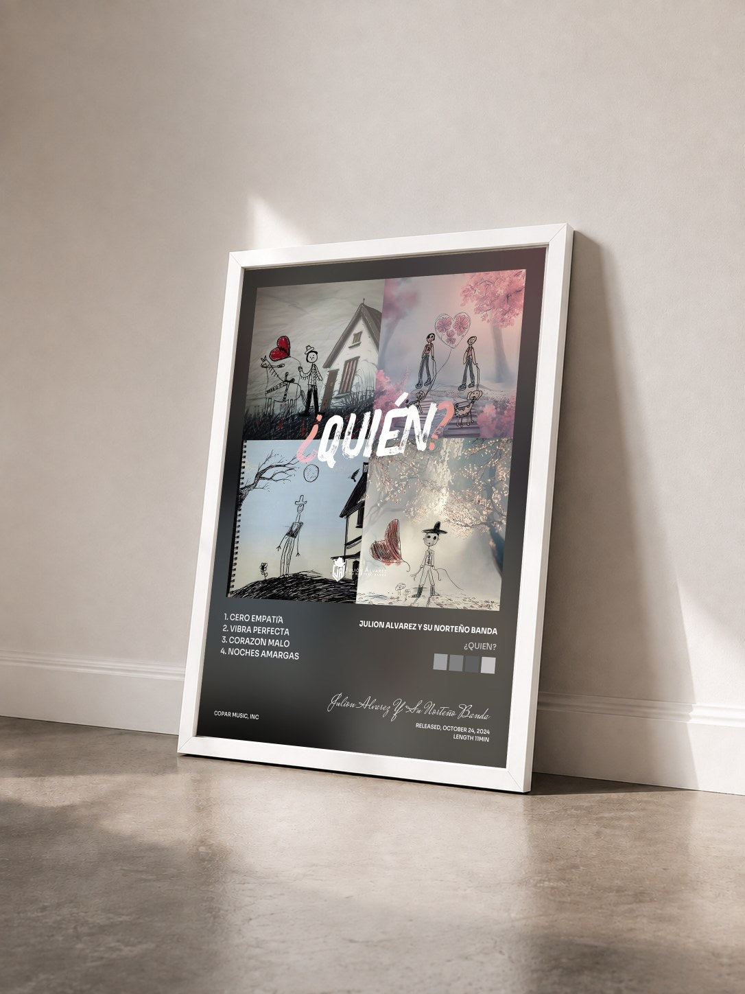 #blanc Tableau de l'album ¿Quién? de Julion Alvarez Y Su Norteño Banda vu de trois quarts, cadre blanc