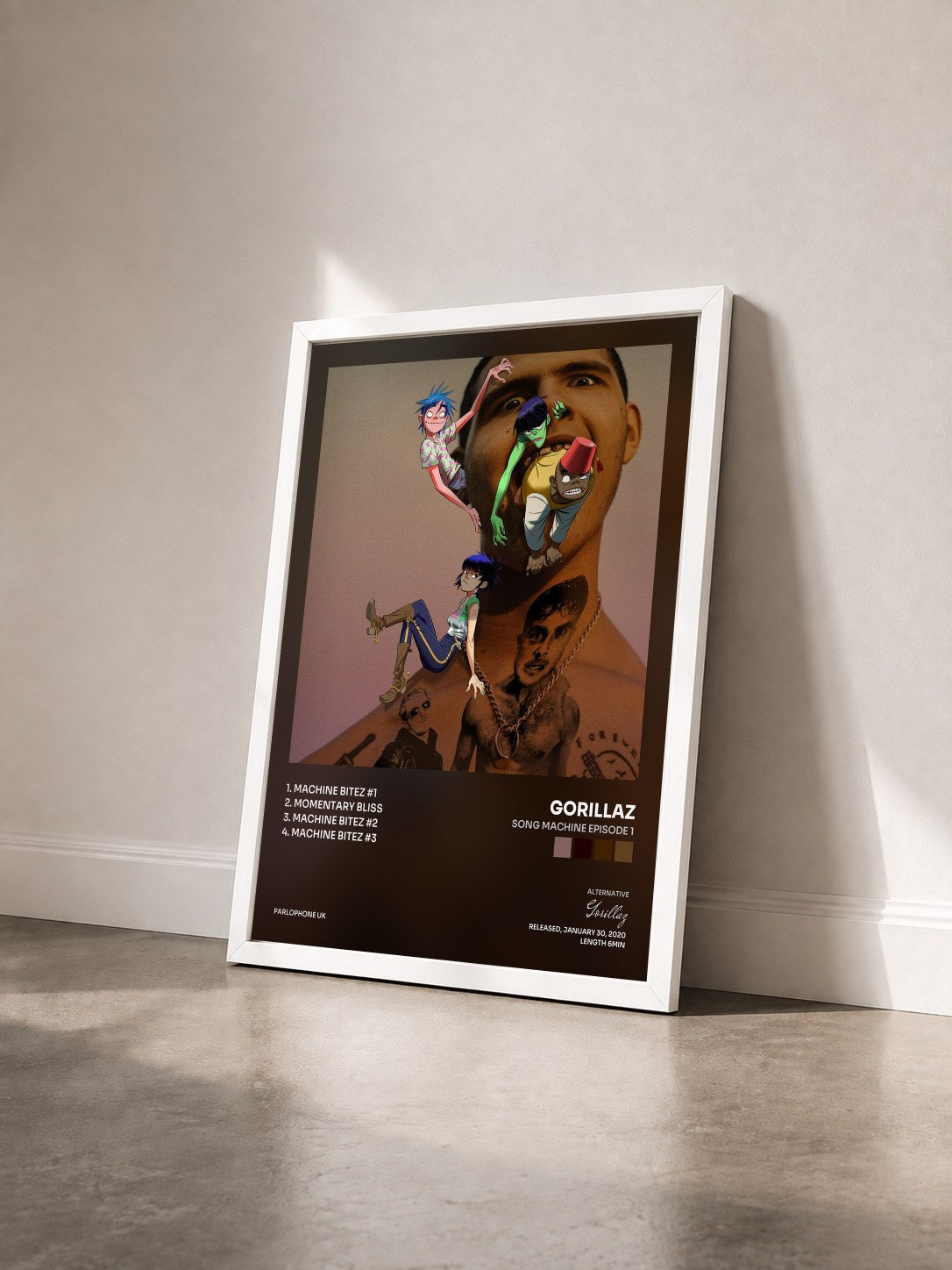 #blanc Tableau de l'album Song Machine Episode 1 de Gorillaz vu de trois quarts, cadre blanc