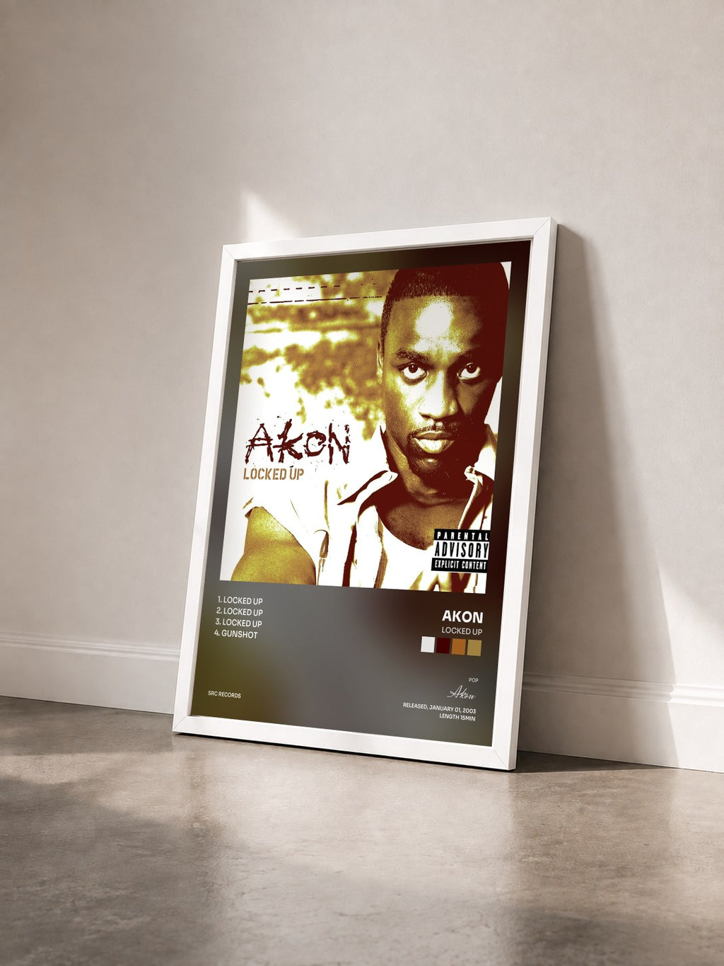 #blanc Locked Up by Akon as a framed art print seen at an angle, white frame