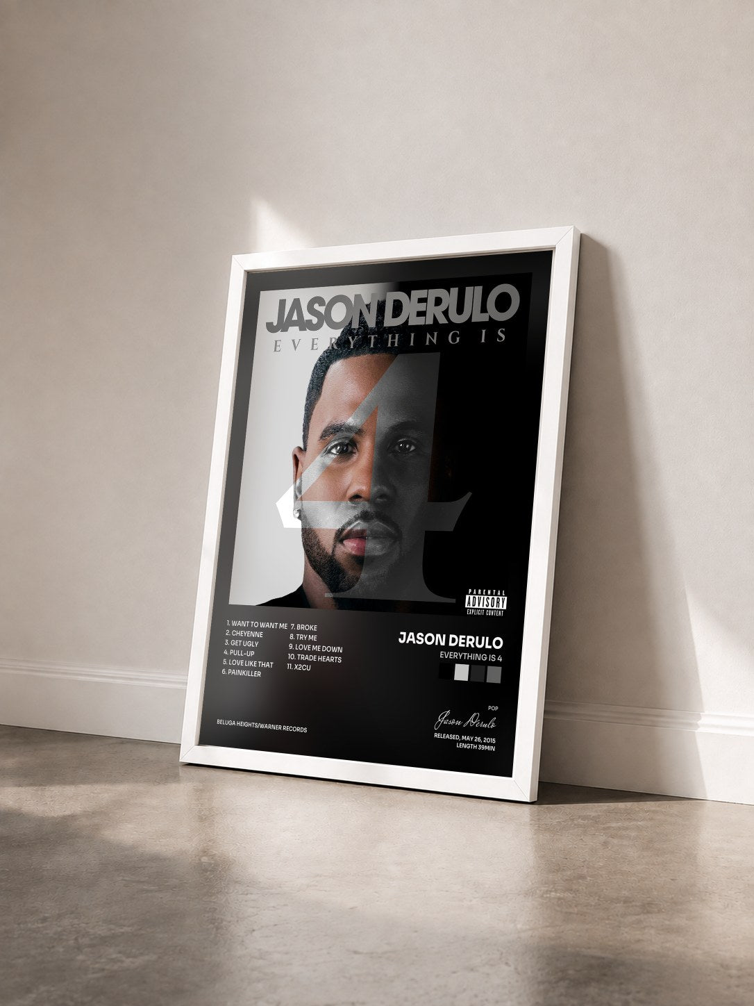 #blanc Tableau de l'album Everything Is 4 de Jason Derulo vu de trois quarts, cadre blanc