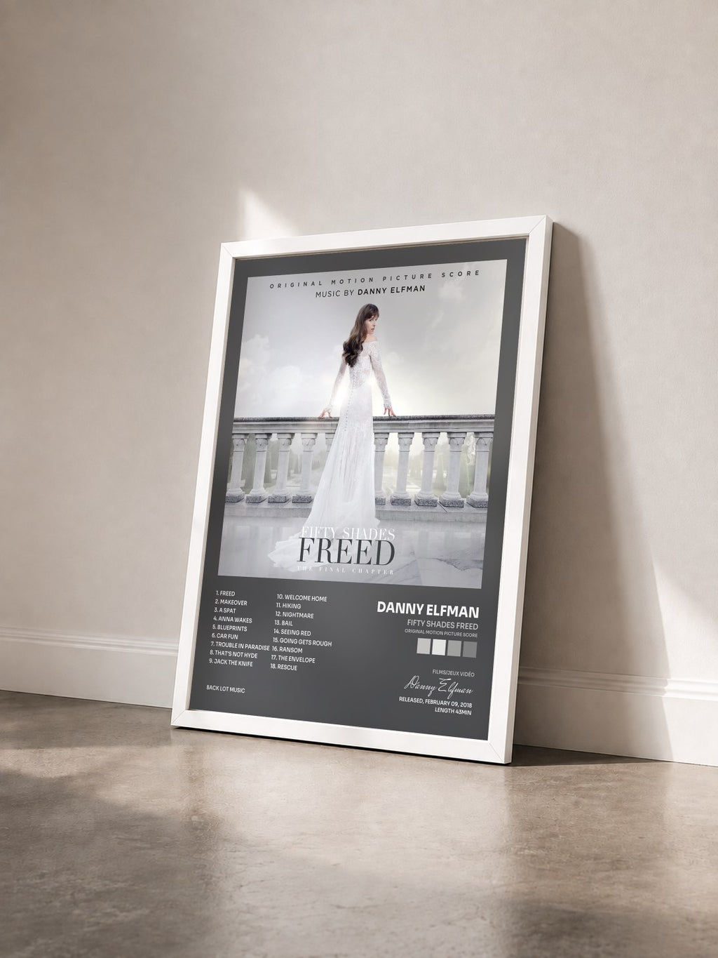#blanc Fifty Shades Freed (Original Motion Picture Score) by Danny Elfman as a framed art print seen at an angle, white frame