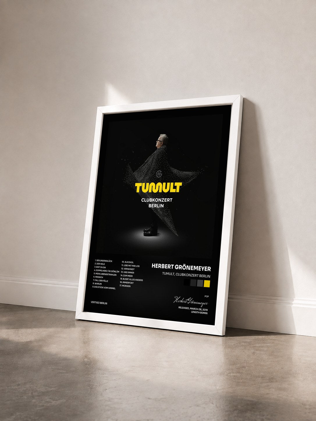 #blanc Tableau de l'album TUMULT, CLUBKONZERT BERLIN de Herbert Grönemeyer vu de trois quarts, cadre blanc