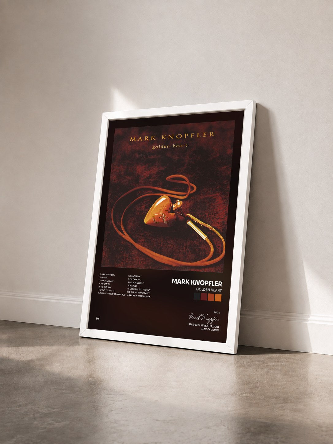 #blanc Tableau de l'album Golden Heart de Mark Knopfler vu de trois quarts, cadre blanc