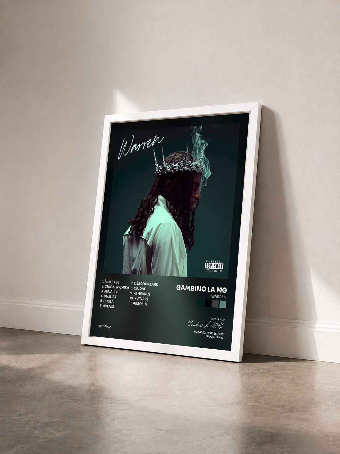 #blanc Tableau de l'album WARREN de Gambino La MG vu de trois quarts, cadre blanc
