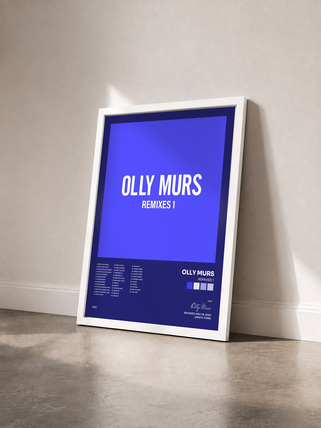#blanc Tableau de l'album Remixes 1 de Olly Murs vu de trois quarts, cadre blanc