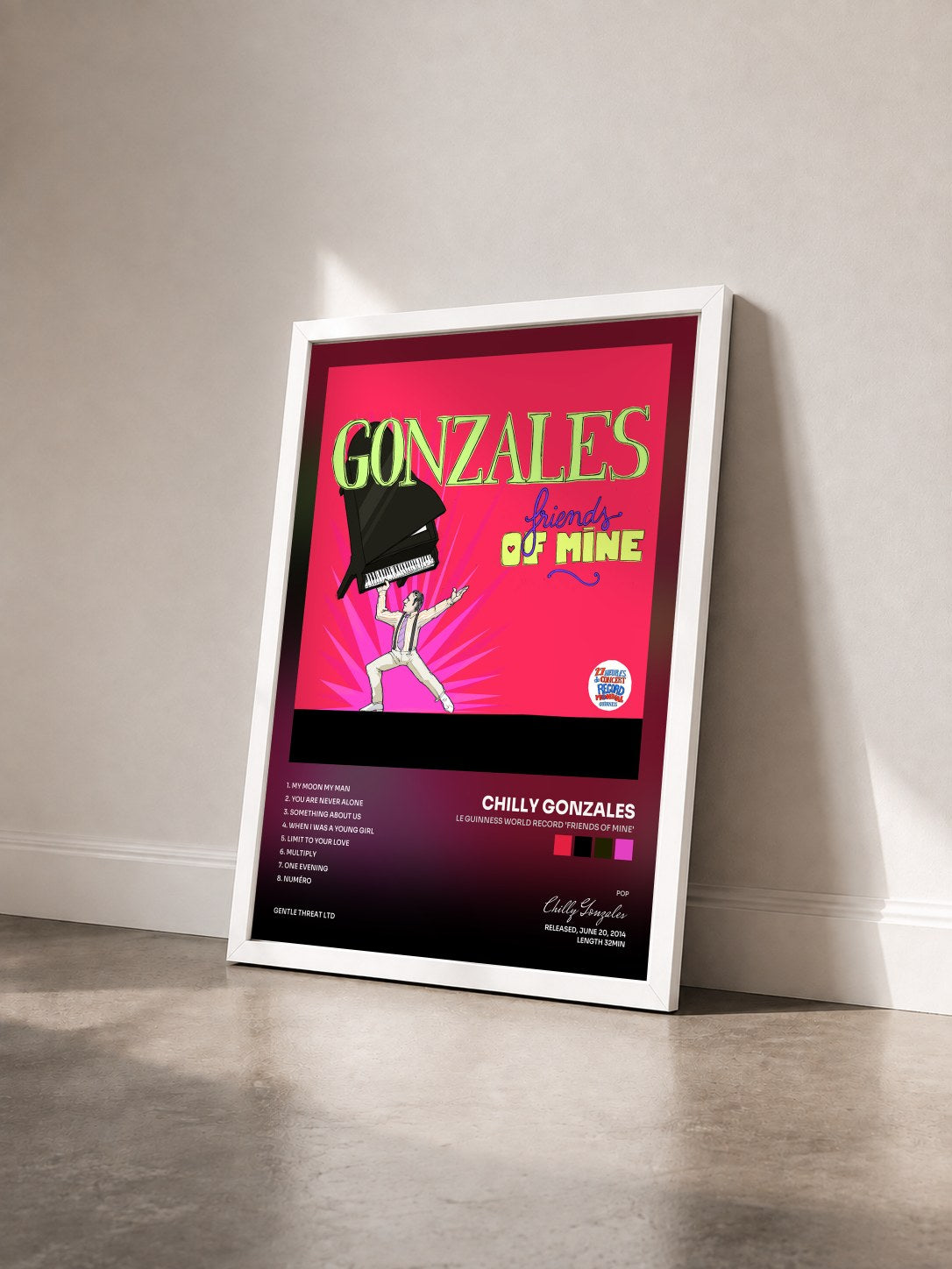 #blanc Tableau de l'album Le Guinness World Record 'Friends of Mine' de Chilly Gonzales vu de trois quarts, cadre blanc