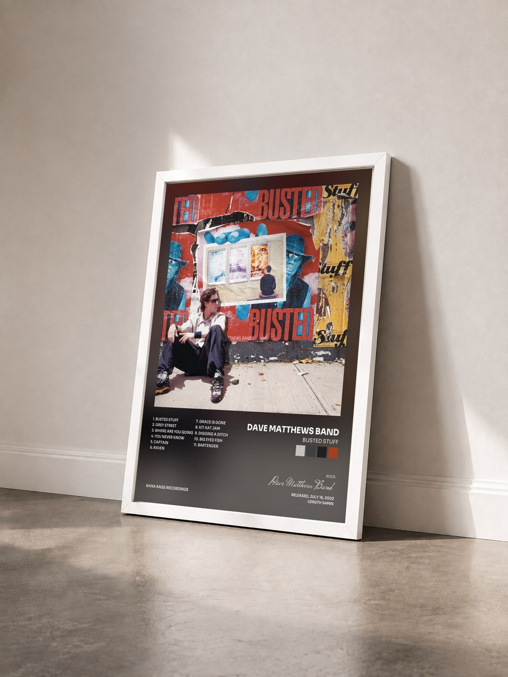 #blanc Tableau de l'album Busted Stuff de Dave Matthews Band vu de trois quarts, cadre blanc