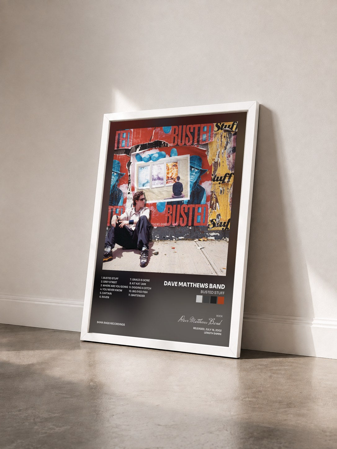 #blanc Tableau de l'album Busted Stuff de Dave Matthews Band vu de trois quarts, cadre blanc