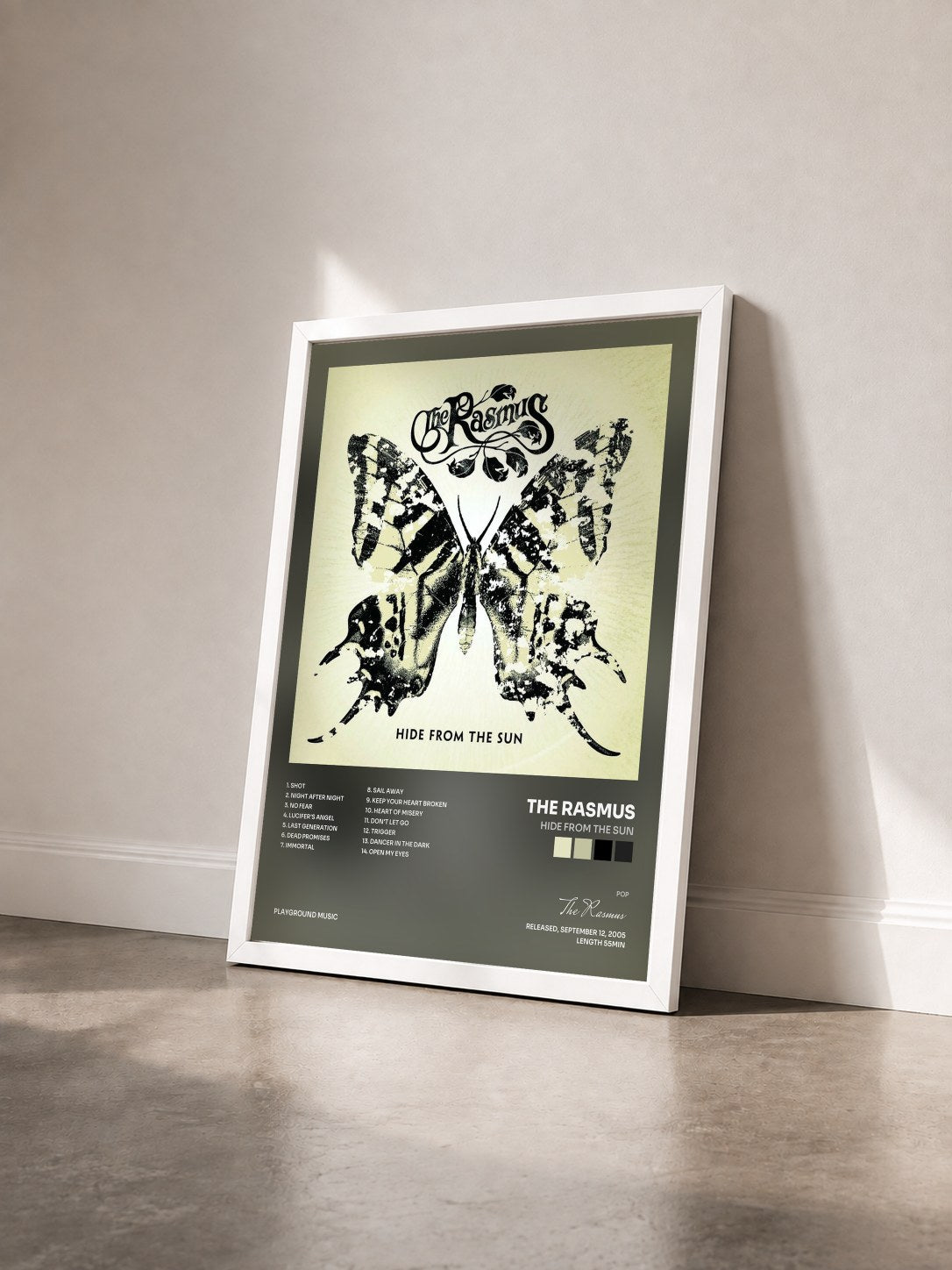 #blanc Tableau de l'album Hide from the Sun de The Rasmus vu de trois quarts, cadre blanc