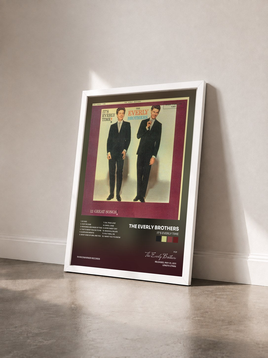 #blanc Tableau de l'album It's Everly Time de The Everly Brothers vu de trois quarts, cadre blanc
