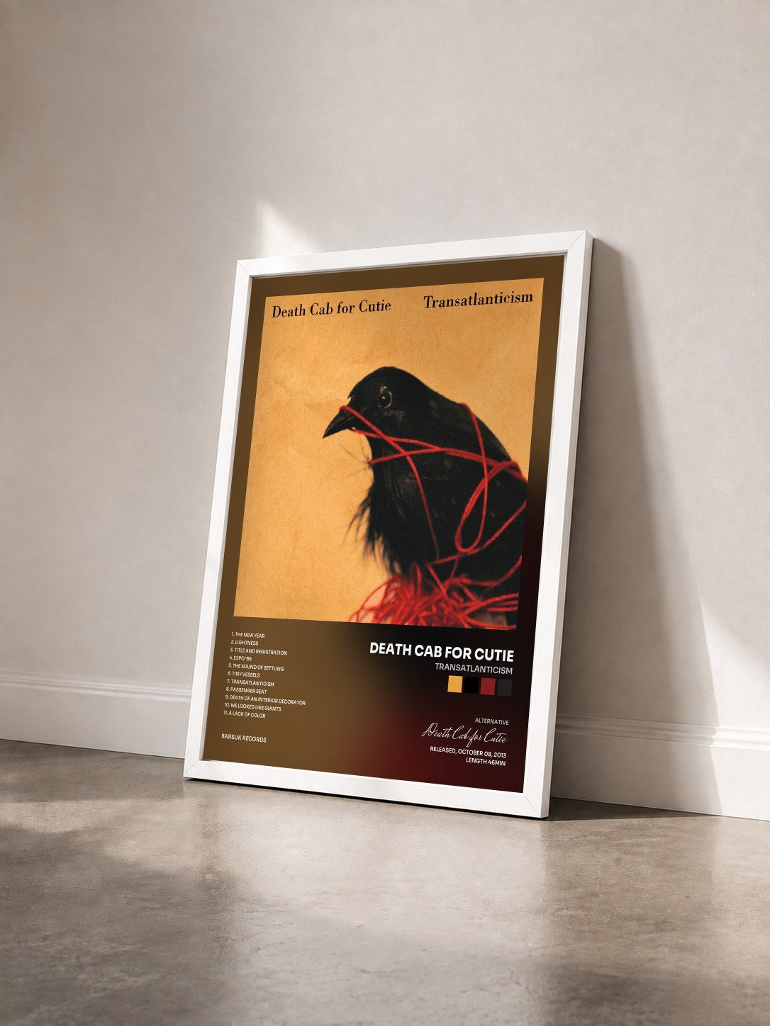 #blanc Tableau de l'album Transatlanticism de Death Cab for Cutie vu de trois quarts, cadre blanc